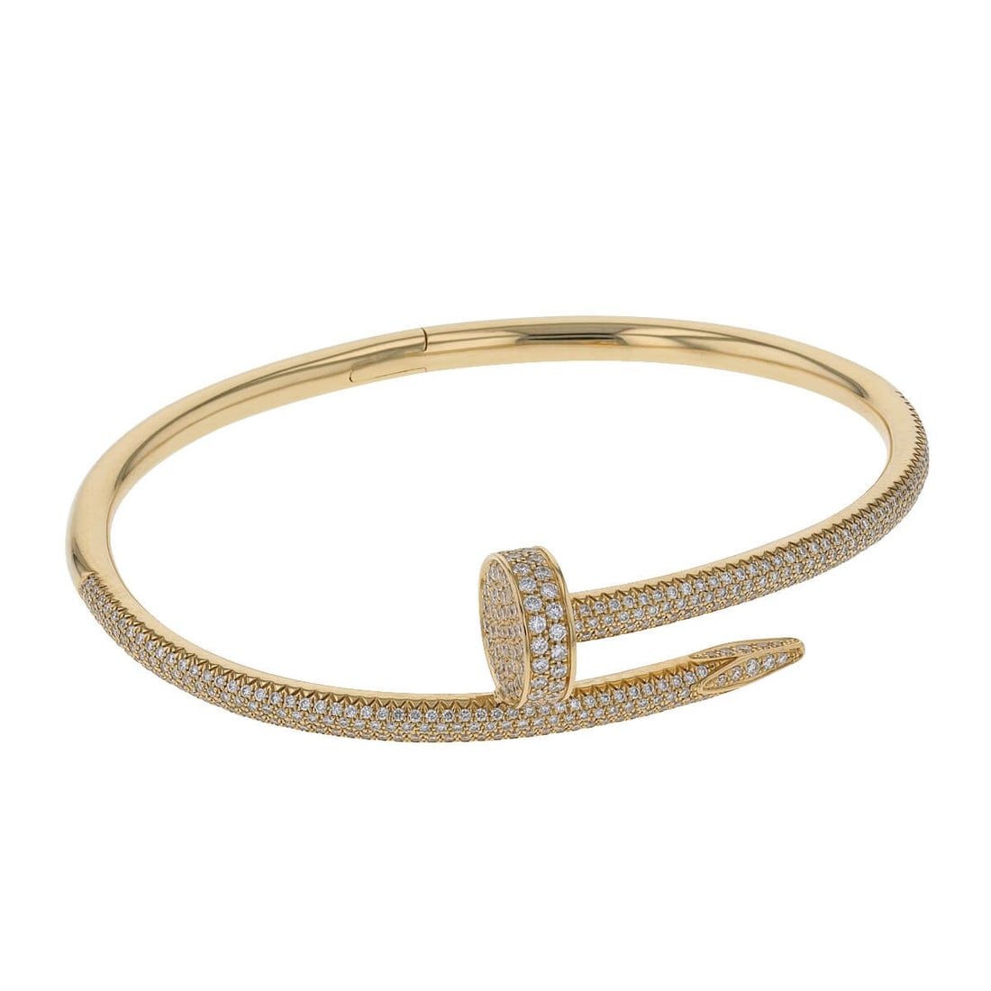 Cartier Juste un Clou Diamond Gold Bracelet: Title: Cartier Juste un Clou Bracelet Medium: 18k Yellow Gold, Diamonds Origin/Year: Cartier, Circa 2015 Dimensions: Length: 18 cm, Width: 1.5 cm, Thickness: 1.2 cm Condition: Excellent, gently used <