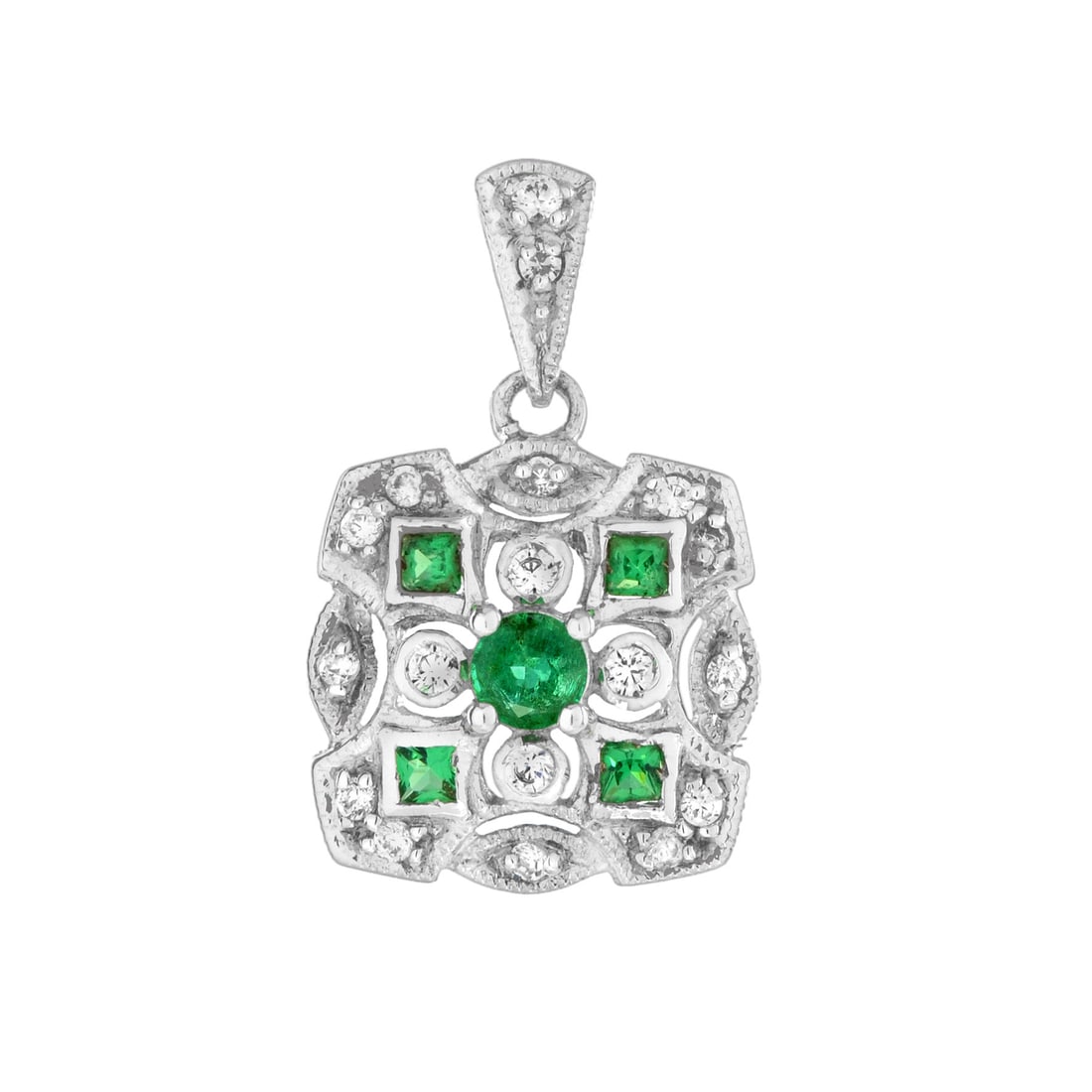 Art Deco Emerald & Diamond Cluster Pendant: Title/Medium: Art Deco Emerald & Diamond Cluster Pendant Origin/Year: Vintage Inspired Dimensions: Width: 12 mm Length: 19 mm Weight: 1.50 g (approx. total weight) Condition: Excellent