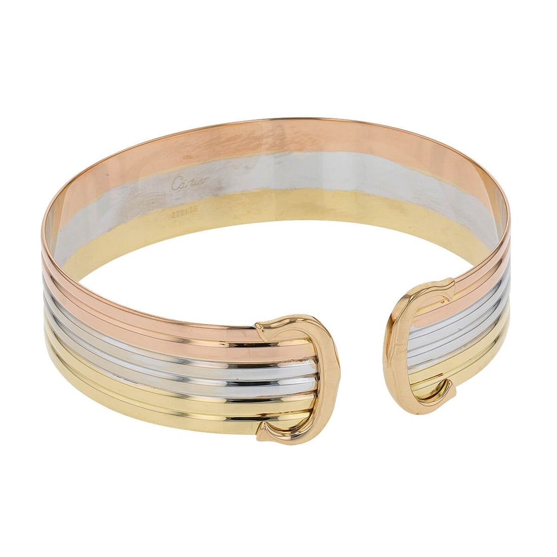 Cartier Tri-Color Gold Double C Bracelet: Title: Cartier Tri-Color Gold Double C Bracelet Medium: 18k Tri-Color Gold Origin/Year: Vintage, Year Unknown Dimensions: Width: 1.9 cm Length: 19 cm Thickness: 0.2 cm Weight: 32.2 g