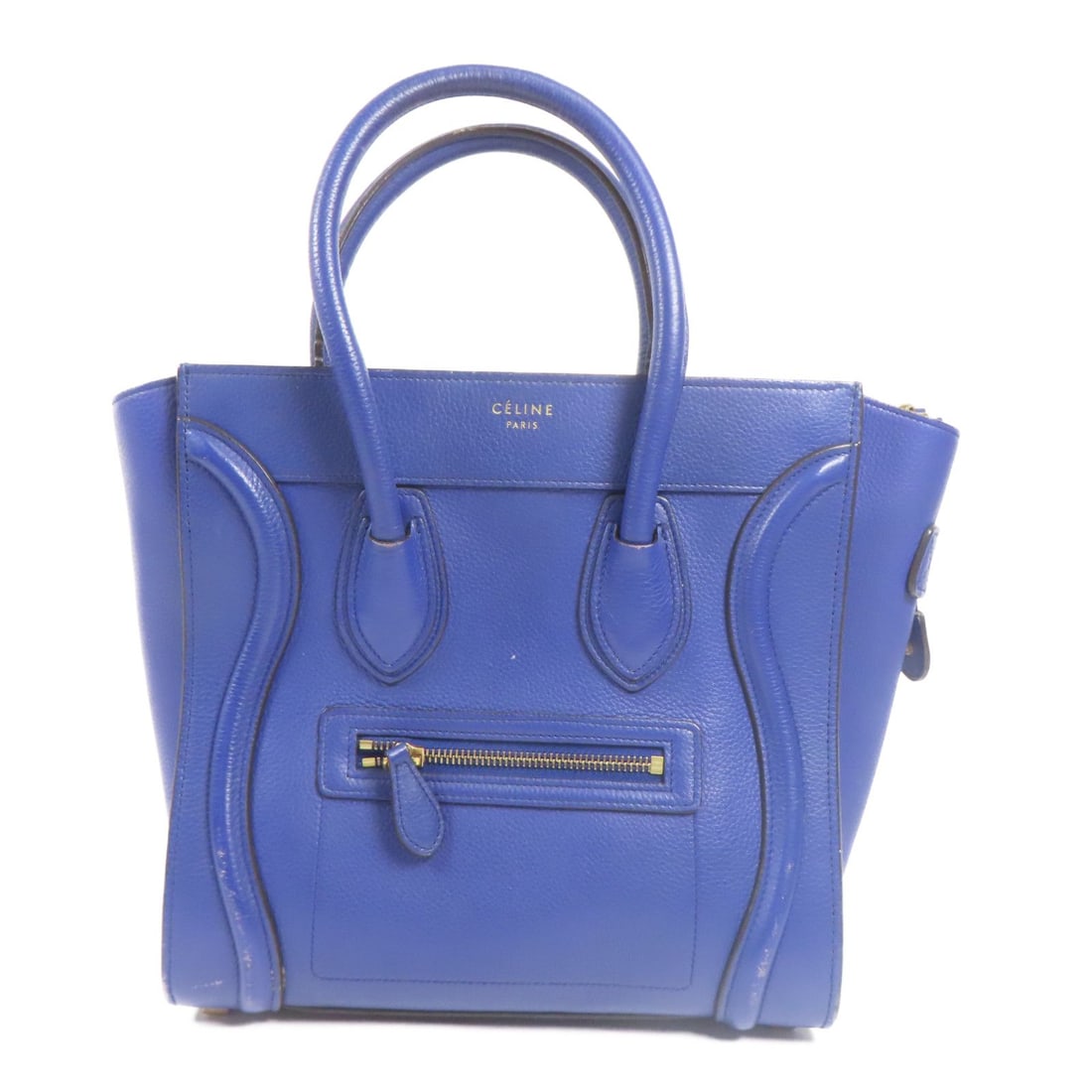Celine Blue Cowhide Micro Luggage Bag: Title/Medium: Celine Blue Micro Luggage Handbag Origin/Year: France Dimensions: W: 26cm (10.2 inch) x H: 27cm (10.6 inch) x D: 12cm (4.7 inch) Condition: Pre-owned, fair condition Provenance: Celine