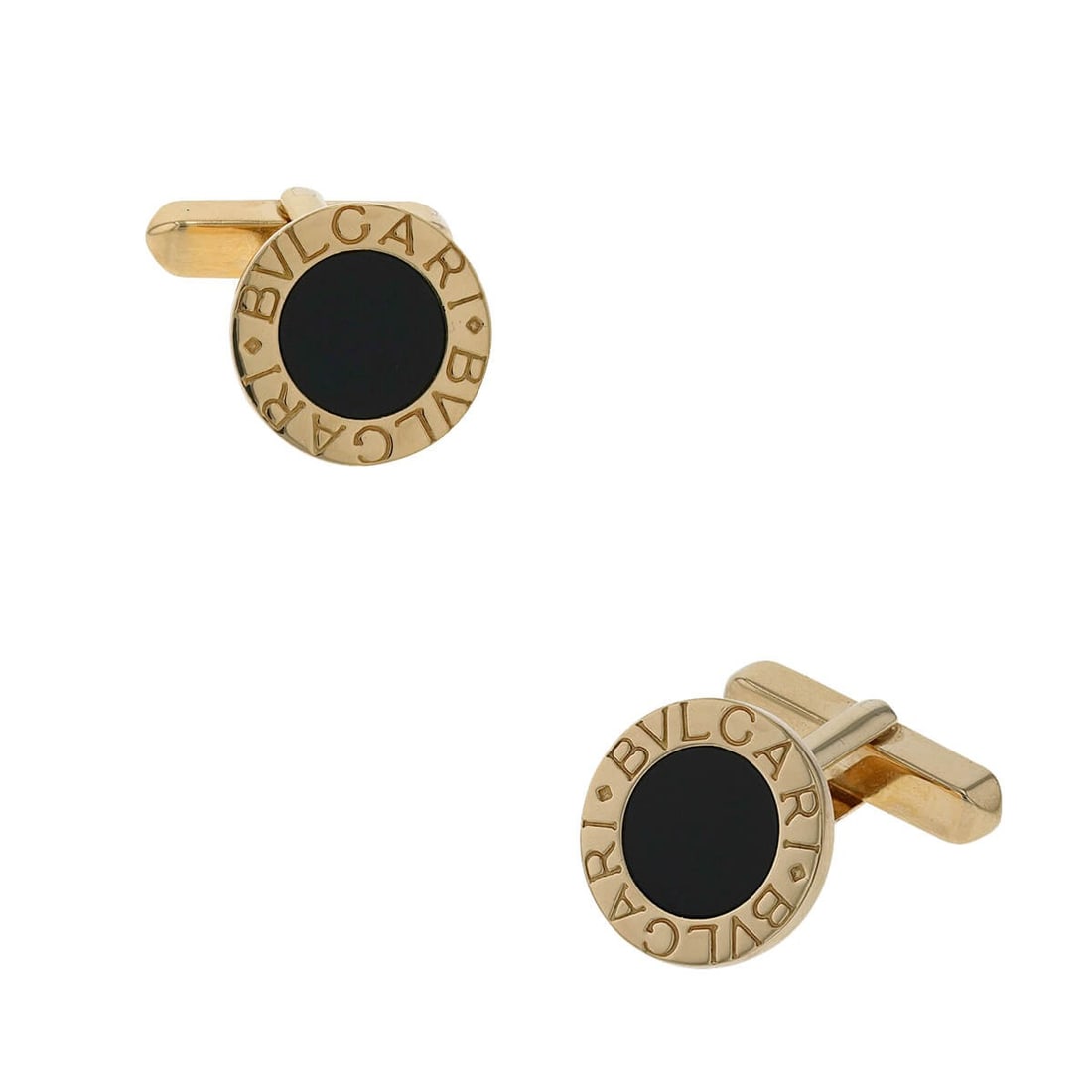 Bulgari Onyx and Gold Cufflinks: Title: Bulgari Onyx and Gold Cufflinks Origin/Year: Modern, Year Unknown Dimensions: Width: 1.5 cm, Length: 2 cm Condition: Excellent, gently used Provenance: Bulgari Additional Info:Material: 18k