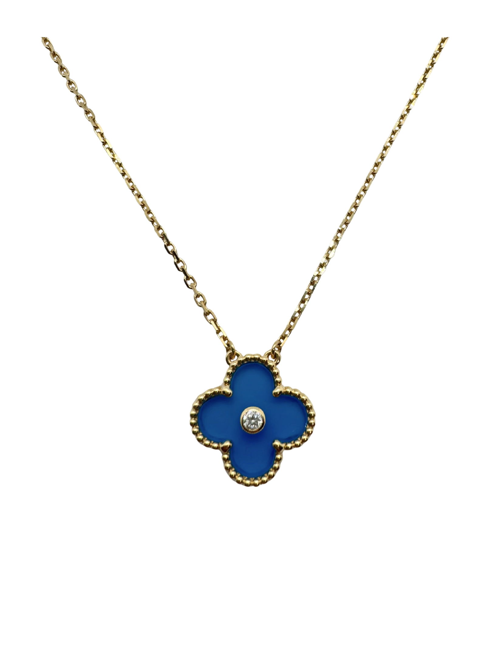 Van Cleef & Arpels 2019 Holiday Edition Blue Vintage Alhambra 18K Yellow Gold Pendant Necklace: Title/Medium: Van Cleef & Arpels Vintage Alhambra Pendant Necklace Origin/Year: 2019 Holiday Edition Condition: Very good pre-owned condition minimal wear Provenance: Verified authentic, includes orig