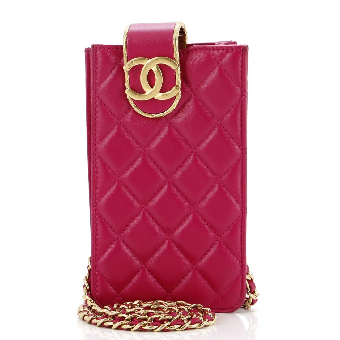 Chanel Pink Quilted Phone Holder with Chain: Title/Medium: Chanel Quilted Phone Holder with Chain Origin/Year: Chanel, Contemporary Dimensions: Height: 4" Width: 6.5" Depth: 1.5" Strap Drop: 22" Condition: Very good, with some wear on exterior c