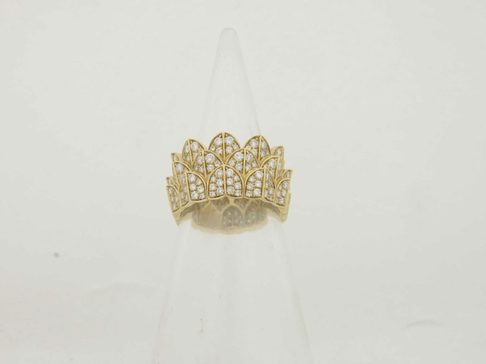 Fred Diamond Crown Motif Ring 18K Yellow Gold Size 53: Elegant Fred ring crafted in solid 18K yellow gold featuring a crown-inspired openwork design set with numerous brilliant diamonds. The layered architectural motif creates a striking and regal appeara