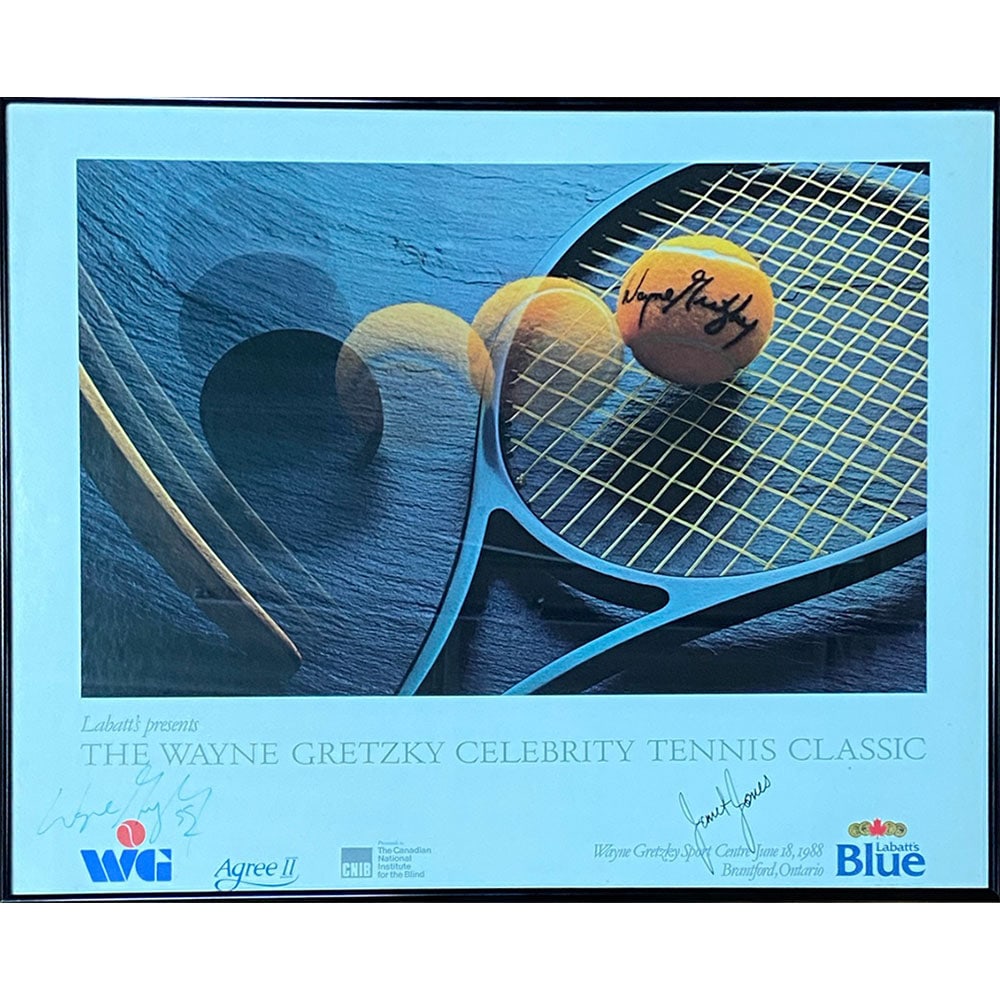 Wayne Gretzky & Janet Jones Autographed Wanye Gretzky Celebrity Tennis Classic Framed Poster: Title/Medium: Wayne Gretzky & Janet Jones Autographed Wayne Gretzky Celebrity Tennis Classic Framed Poster This poster comes from The Wayne Gretzky Celebrity Tennis Classic which took place in Gretzky