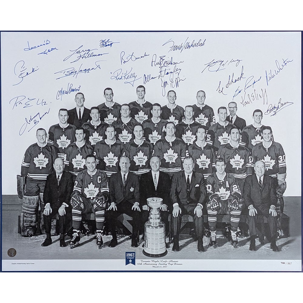 1967 Toronto Maple Leafs Autographed 16X20 Lithograph (w/Dave Keon): Title/Medium: 1967 Toronto Maple Leafs Autographed 16X20 Lithograph (w/Dave Keon) Get your very own 16X20 1967 Toronto Maple Leafs team-signed lithograph. Each lithograph is individually numbered and