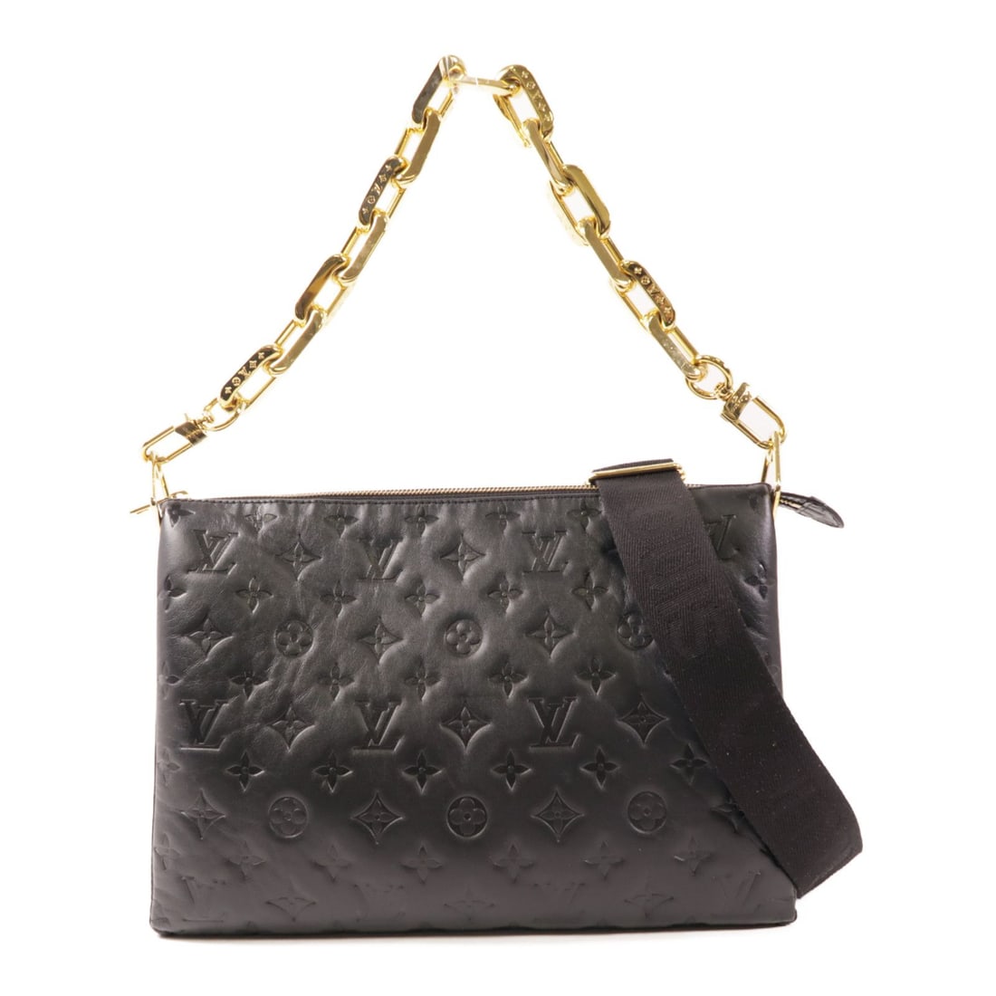 Louis Vuitton Black Sheepskin Coussin MM Bag: Title/Medium: Louis Vuitton Sheepskin Leather Coussin MM Bag Origin/Year: Louis Vuitton, Model M57783 Dimensions: W: 33.5cm (13.2 in) H: 23.5cm (9.3 in) D: 6.5cm (2.6 in) Handle: 55cm (21.7 in) Should