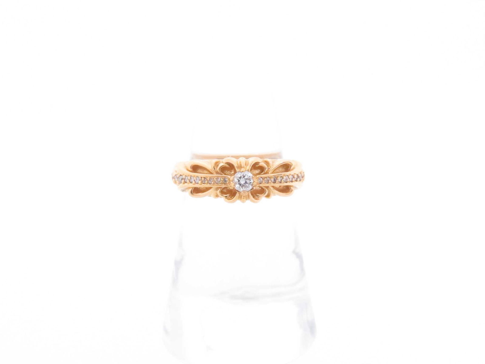 Chrome Hearts Baby Classic Floral Diamond Gold Ring: Description: Iconic Chrome Hearts Baby Classic Floral pave ring crafted in solid gold, featuring the brand?s signature floral motif with a central round stone and surrounding pave-set accents. The scu