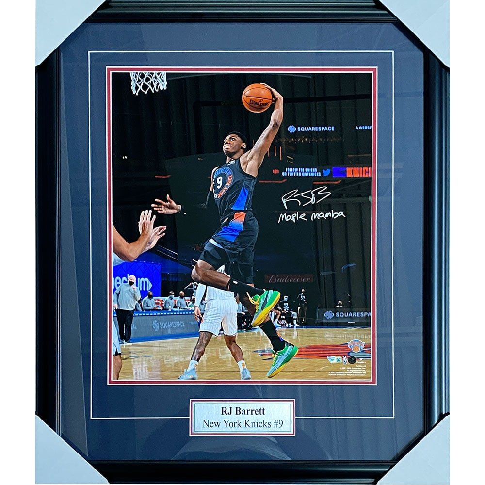 R.J. Barrett Framed Autographed New York Knicks 16X20 Photo: Title/Medium: R.J. Barrett Framed Autographed New York Knicks 16X20 Photo Get this amazing 16X20 photo that has been autographed by Knicks star ? R.J. Barrett. He has included a "Maple Mamba" inscript