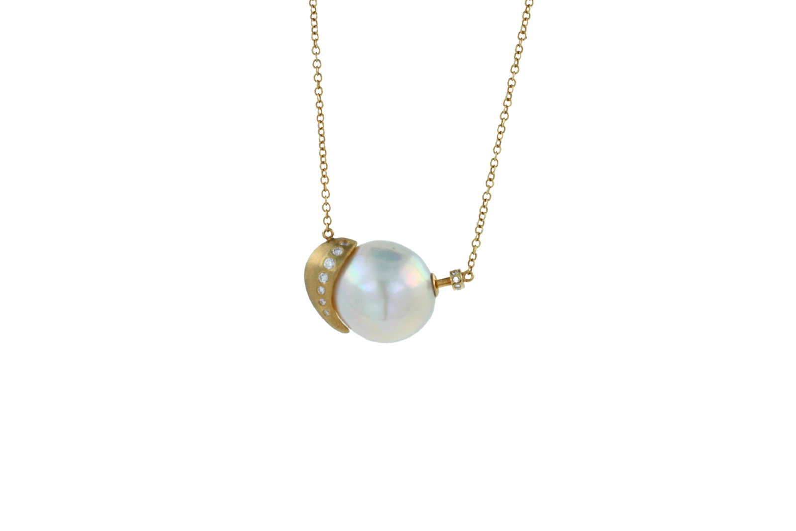 18K Gold South Sea Pearl Diamond Necklace: Title/Medium: 18K Gold South Sea Pearl Diamond Necklace Origin/Year: Contemporary Dimensions: 17 inches chain length, 14.50 mm pearl width Condition: Excellent, with minimal wear Provenance: Private
