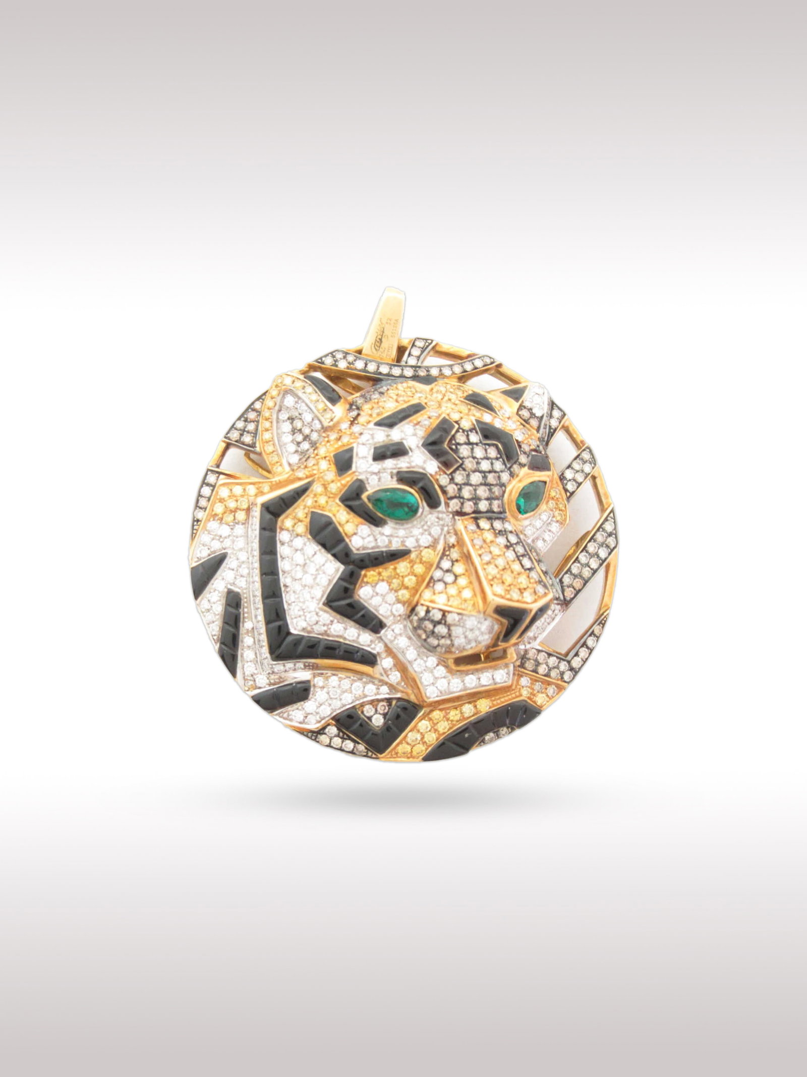 Cartier Panther Tiger Unique Fancy Diamond Pave & Black Onyx 18K Gold Medallion Pendant: Description: This exceptional Cartier Panthere medallion pendant is crafted in solid 18K gold and features a striking tiger interpretation of the iconic panther motif, accented with brilliant fancy co