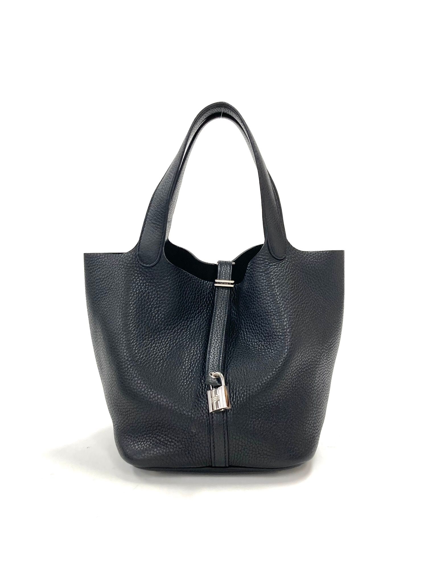 Hermes Black Picotin MM Bag with PHW: Title/Medium: Hermes Black Picotin MM Bag Origin/Year: France, C Stamp Dimensions: One Size Condition: A Provenance: Authentic Hermes Additional Info: Material: Taurillon Clemence Leathe