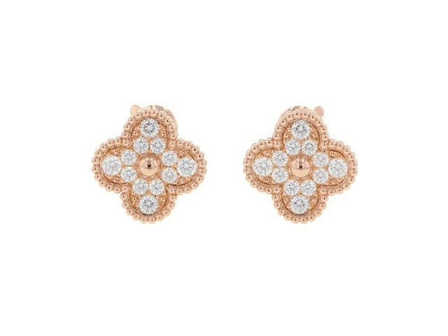Van Cleef & Arpels Vintage Alhambra Pavé Diamond 18K Rose Gold Clip-On Earrings: Description: Origin / Year: France, Modern Provenance: Authenticated with Van Cleef & Arpels through serial number verification, hallmark and engraving review, and independently examined by Victor