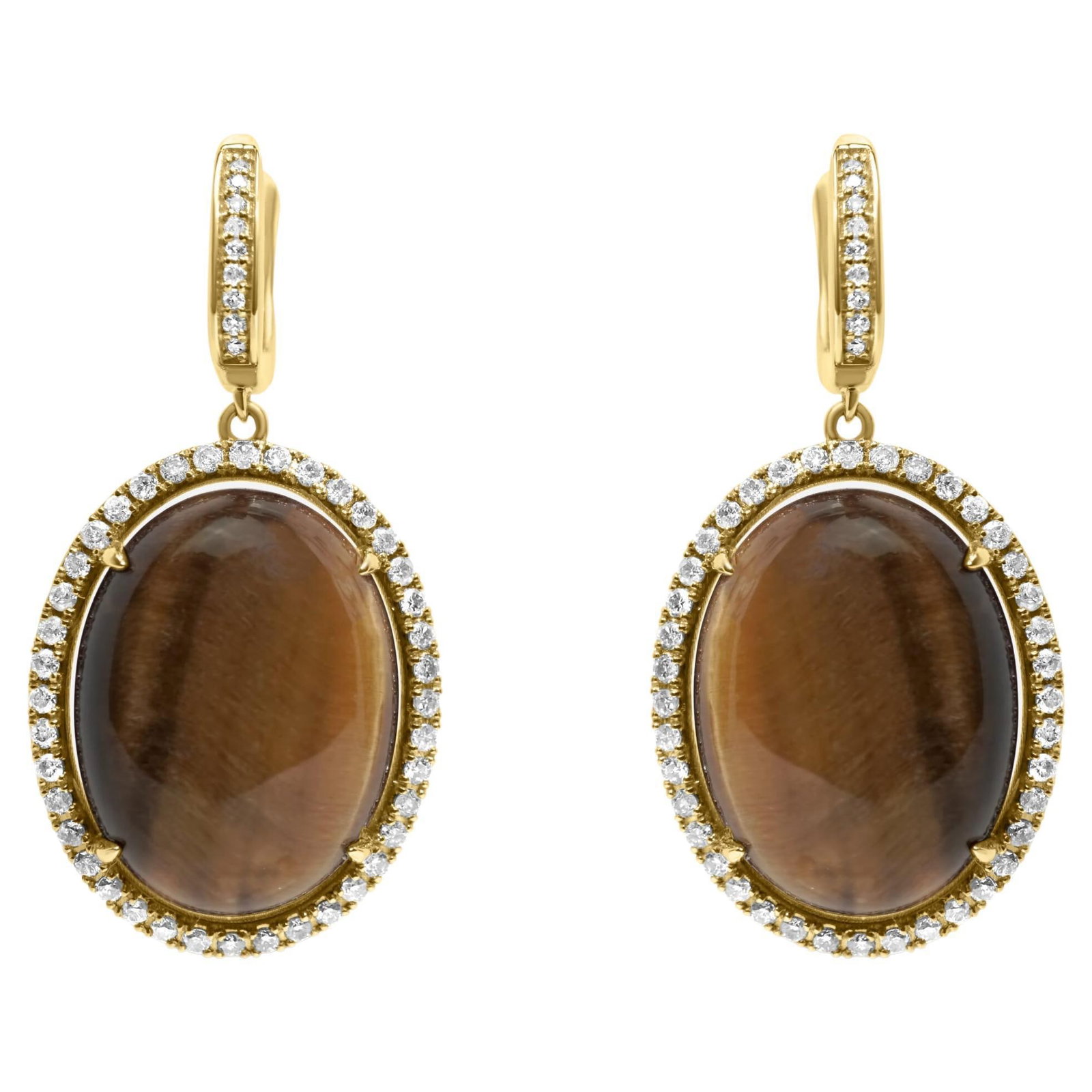 Tiger's Eye & Diamond Gold Huggie Earrings: Title/Medium: Tiger's Eye & Diamond Gold Huggie Earrings Origin/Year: Handmade in Washington, D.C., USA Dimensions: 15X20 MM Tiger's Eye Gemstones, 1.25 CTW Diamonds Condition: Excellent, Handmade Pro