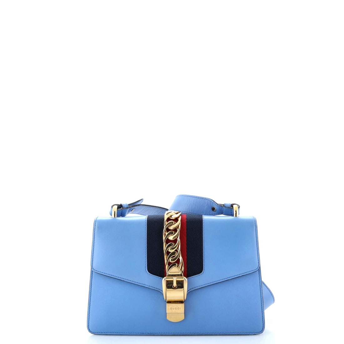 Gucci Sylvie Blue Leather Shoulder Bag: Title: Gucci Sylvie Blue Leather Shoulder Bag Origin/Year: Not specified Dimensions: Handle Drop: 13 inches Height: 7 inches Width: 10 inches Depth: 3 inches Strap Drop: 14