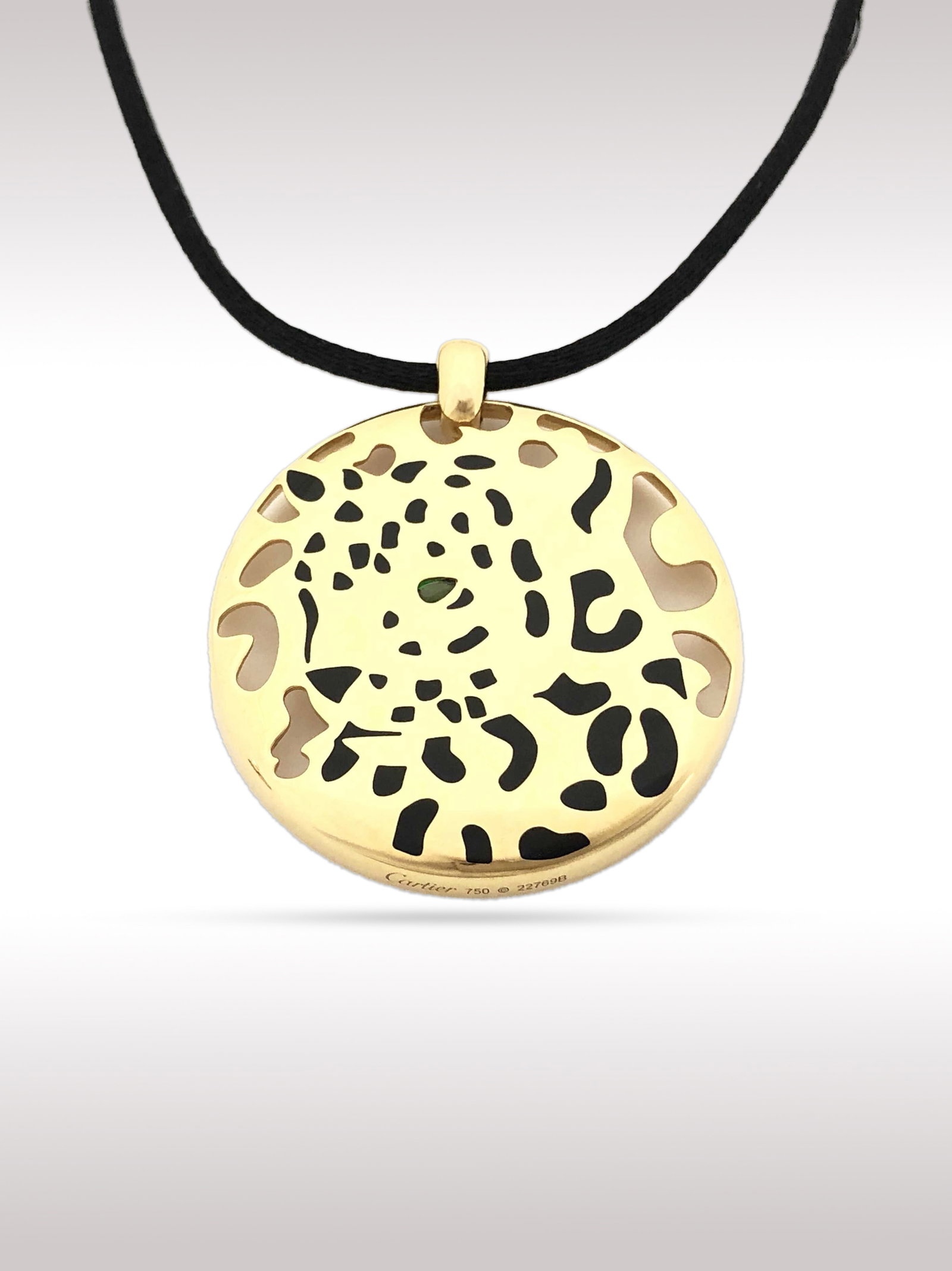 Cartier Panther Black Spotted Leopard 18K Gold & Black Rope Pendant Necklace: Description: This distinctive Cartier Panthere pendant necklace is crafted in solid 18K gold and features the iconic black spotted leopard motif, showcasing Cartier’s legendary animal design