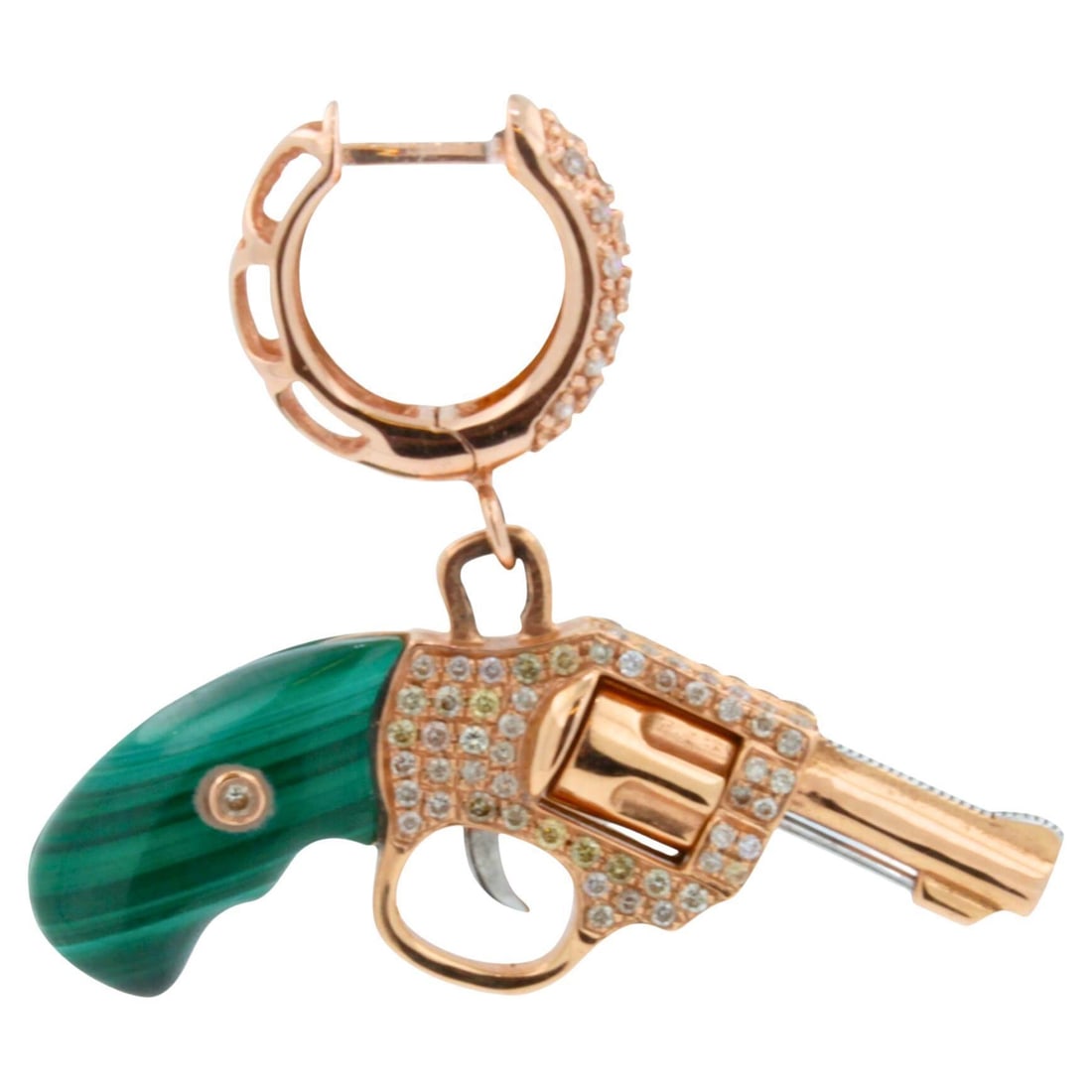 Diamond Green Malachite Gun Earrings: Title/Medium: Diamond Green Malachite Gun Revolver Earrings Origin/Year: Contemporary Dimensions: Standard hoop size Condition: Excellent Provenance: Not specified Additional Info: Custom order
