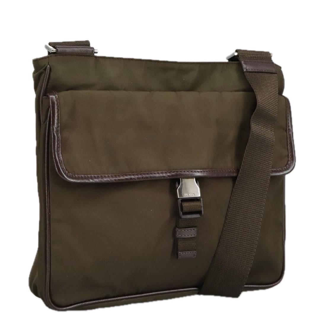 Prada Khaki Nylon Shoulder Bag with Silver Accents: Title/Medium: Prada Khaki Nylon Shoulder Bag with Silver Accents Origin/Year: Italy Dimensions: Width: 28cm (11.0 inches) Height: 25cm (9.8 inches) Depth: 6.5cm (2.6 inches) Shoulder Drop: 31