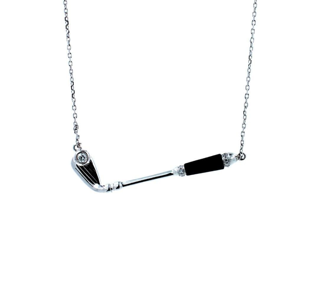 Diamond Blue Agate Golf Club Birdie 18K White Gold Charm Pendant Necklace: -18K White Gold-Blue Agate Gemstone Handle-White Diamond Golf Ball Gemstone-0.20 cts Diamonds-16–18 inch Diamond-Cut Link Cable Chain