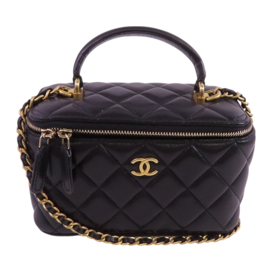 Chanel Black Sheepskin Leather Vanity Bag: Title: Chanel Black Sheepskin Leather Vanity Bag Medium: Lambskin (Sheep Leather) Origin/Year: Chanel Dimensions: W: 16.5cm x H: 10cm x D: 8.5cm (6.5" x 3.9" x 3.3") Handle Length: 15cm (5.9") -