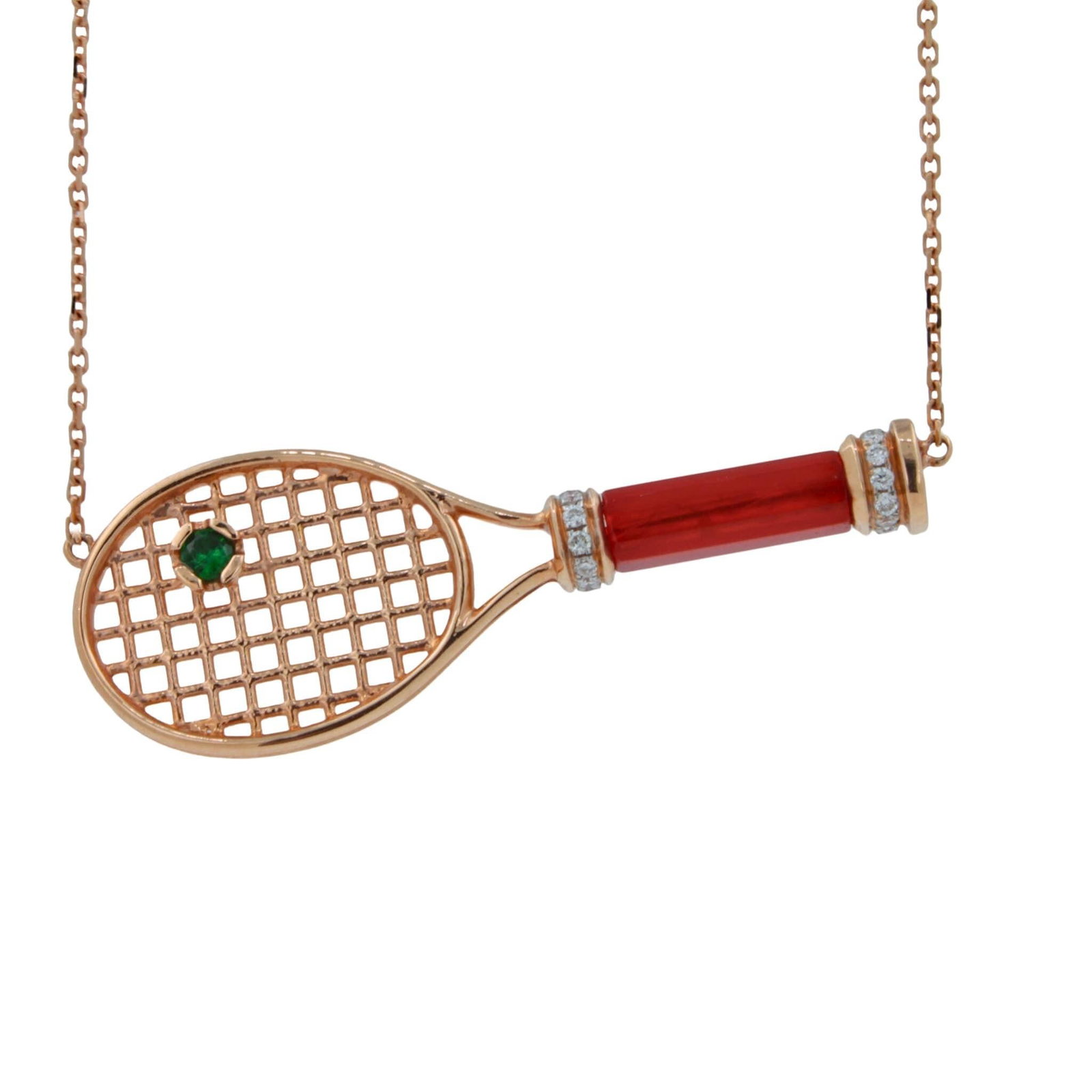 18K Gold Tennis Racket Pendant Necklace: Title/Medium: 18K Gold Tennis Racket Pendant Necklace Origin/Year: Galt & Bro. Jewelry, Exclusive Collection Dimensions: Chain Length: 16-18 inches Condition: In-Stock, New Provenance: Part of the