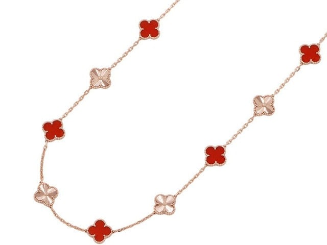 Van Cleef & Arpels Vintage Alhambra 20 Motifs Red Carnelian & Guilloche 18K Rose Gold Long Necklace (1 of 7)