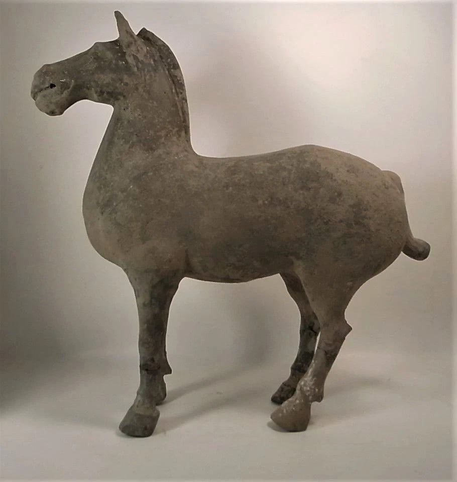 Genuine Antique Han Dynasty Grey Horse Sculpture: Title/Medium: Genuine Antique Han Dynasty Grey Horse Sculpture Origin/Year: Han Dynasty, 206 BC–220 AD Dimensions: 34 cm L x 34 cm H Condition: Weathered and aged appearance, authentic Provenanc