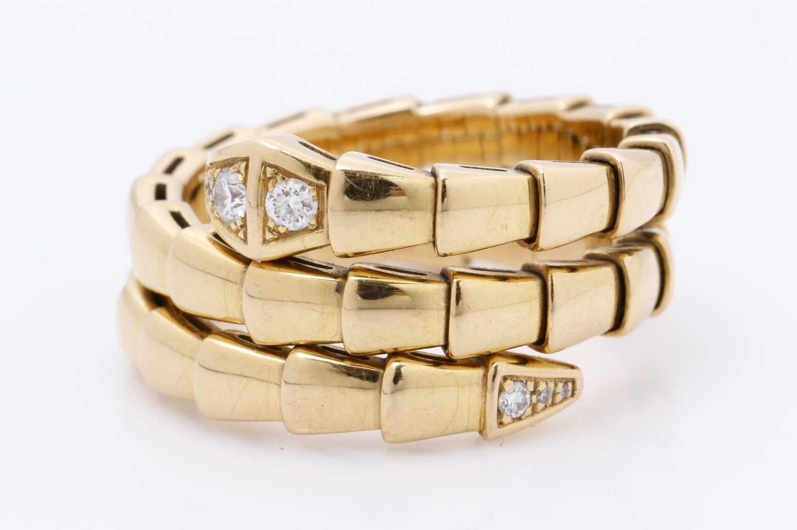 Bvlgari Serpenti Diamond Double Coil 18K Rose Gold Ring (Size L): Description: An exquisite and iconic Bvlgari Serpenti Double Coil ring, masterfully crafted in solid 18K rose gold (750PG) and set with brilliant-cut diamonds along the serpent’s head and body. 