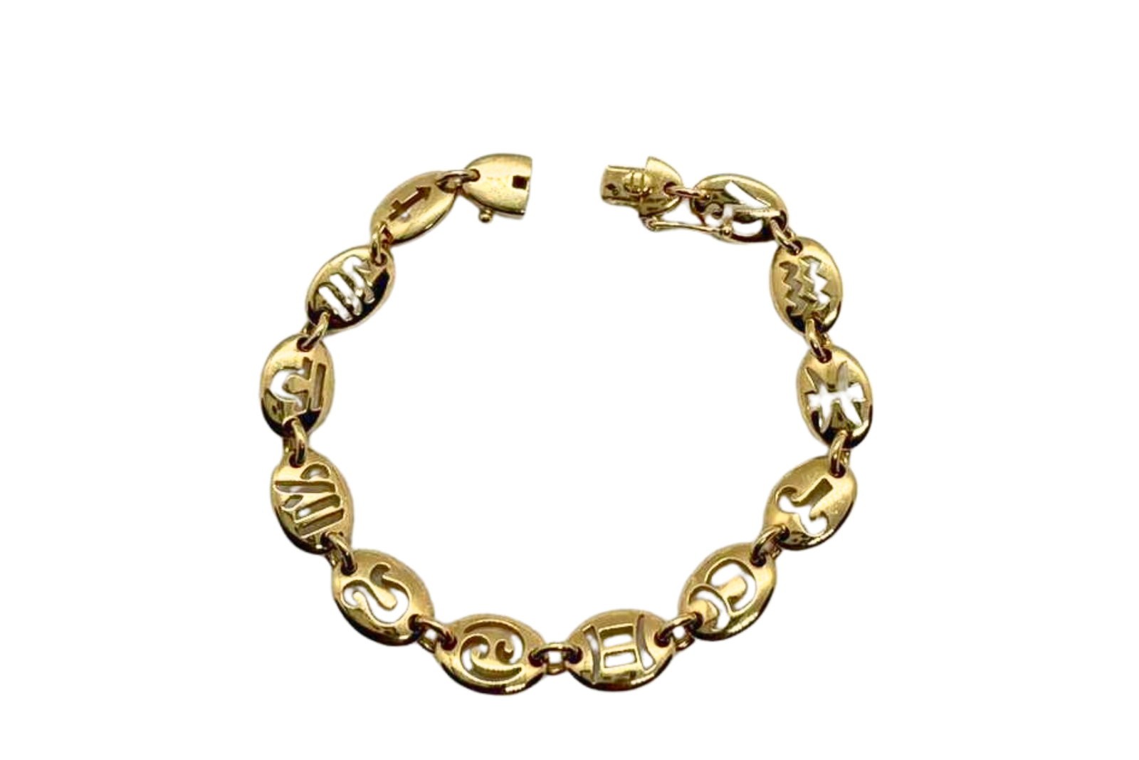Van Cleef & Arpels Zodiac Star Astrological Signs Vintage Rare 18K Gold Bracelet: Description: Rare and highly collectible Van Cleef & Arpels Zodiac Star Astrological Signs bracelet crafted in 18K yellow gold, dating to the 1970s–1980s period. This exceptional vintage pie