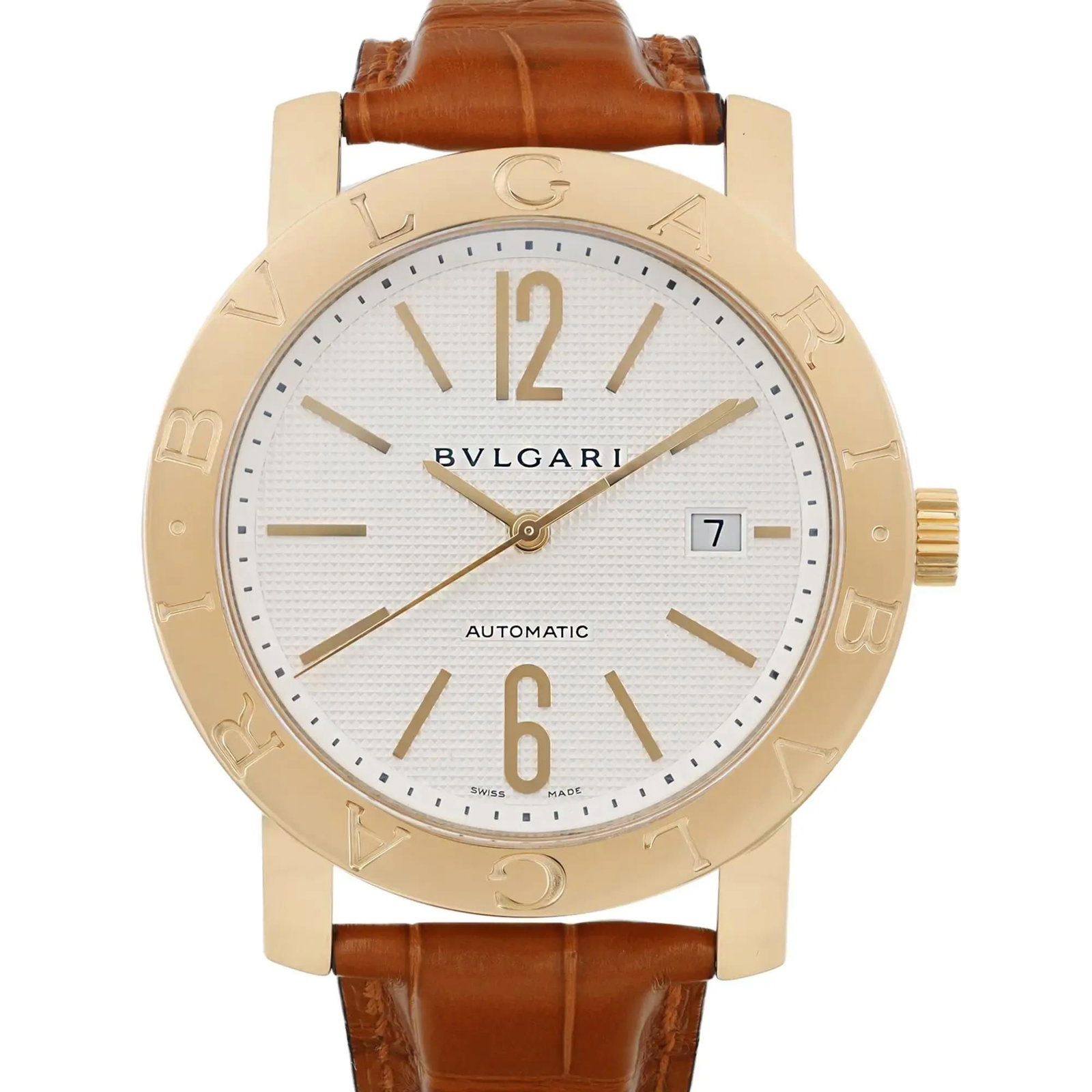 Bvlgari Diagono 42mm Gold Leather Watch: Title/Medium: Bvlgari Diagono XL 42mm Gold Leather Watch Origin/Year: Switzerland, Manufactured between 2000-2009 Dimensions: Case Size: 42 mm; Band Width: 16 mm; Adjustable Wrist Fit: up to 8 inches 
