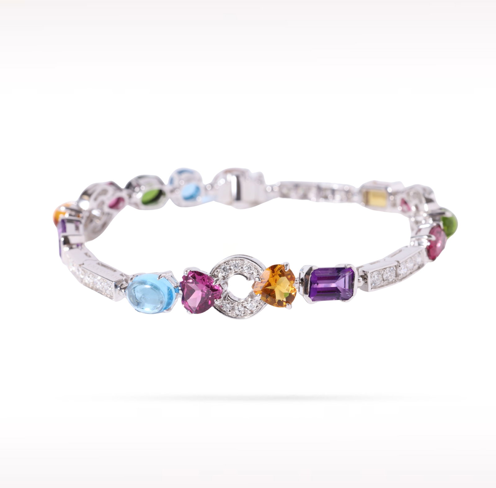 Bvlgari Allegra Multi Gemstone Diamond 18K White Gold Bracelet: Description: Bvlgari Allegra bracelet crafted in 18K white gold and accented with natural diamonds and vibrant multi colored gemstones. From the Allegra collection, this elegant bracelet combines colo