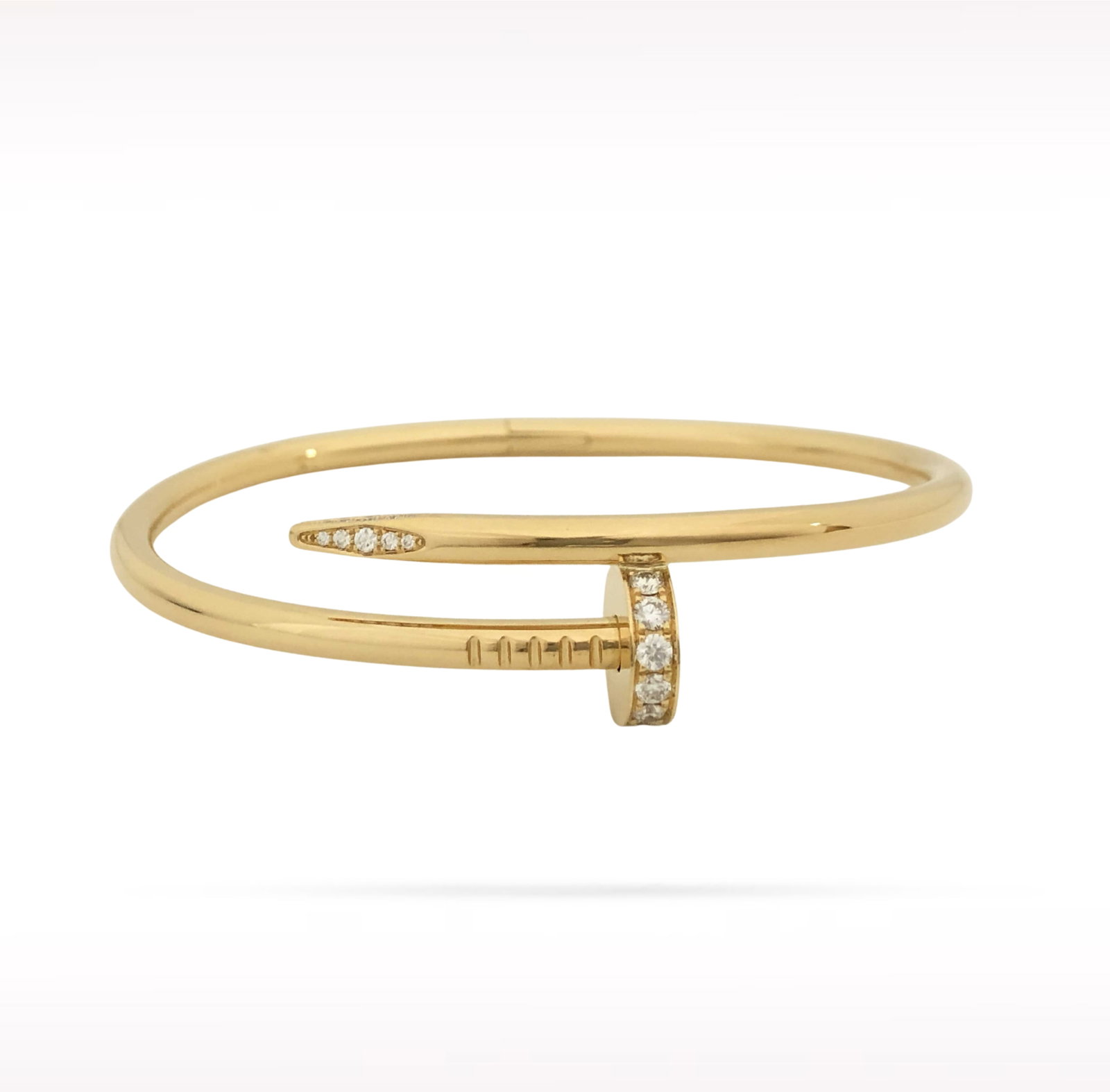 Cartier Juste un Clou Diamond 18K Yellow Gold Bangle Bracelet Size 17: Description: Cartier Juste un Clou bangle bracelet crafted in 18K yellow gold and accented with natural diamonds. From the iconic Juste un Clou collection, this elegant bracelet reimagines an ordinary