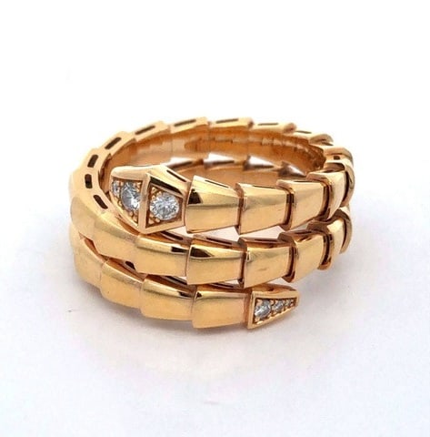 Bulgari Bvlgari Serpenti Viper Diamond Head 18k Rose Gold Double Ring: Description: A striking and sculptural design from Bvlgari’s Serpenti Viper Collection, this double-coil ring is meticulously crafted in 18K rose gold and accented with brilliant-cut pavé d