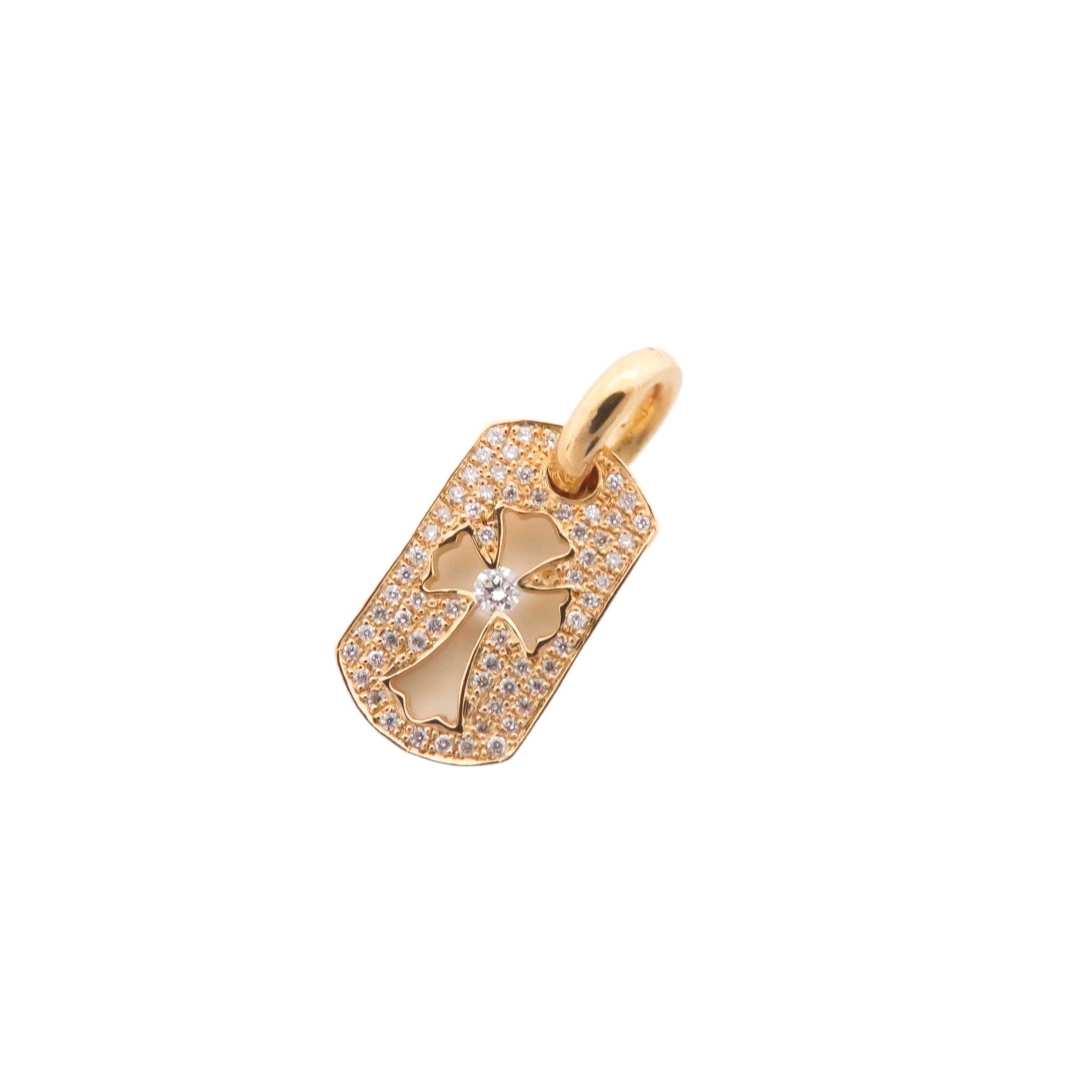 Chrome Hearts Dog Tag Cut Out Cross Diamond Pendant: Description: Distinctive Chrome Hearts dog tag pendant top crafted in solid gold, featuring the brand’s iconic cut out cross motif accented with brilliant diamonds. The dog tag silhouette combined w