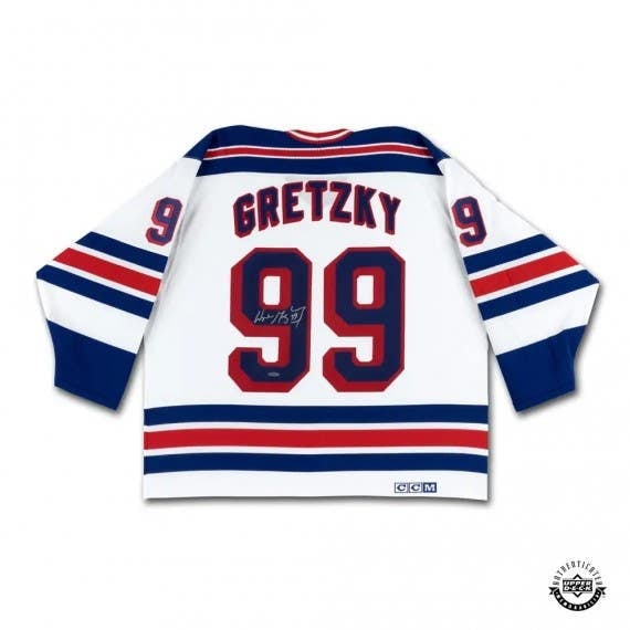 Wayne Gretzky Autographed Vintage Throwback White CCM New York Rangers Jersey - UDA: Title/Medium: Wayne Gretzky Autographed Vintage Throwback White CCM New York Rangers Jersey – UDA In the summer of 1996, Wayne Gretzky made the fourth and final stop of his NHL career in New Yor