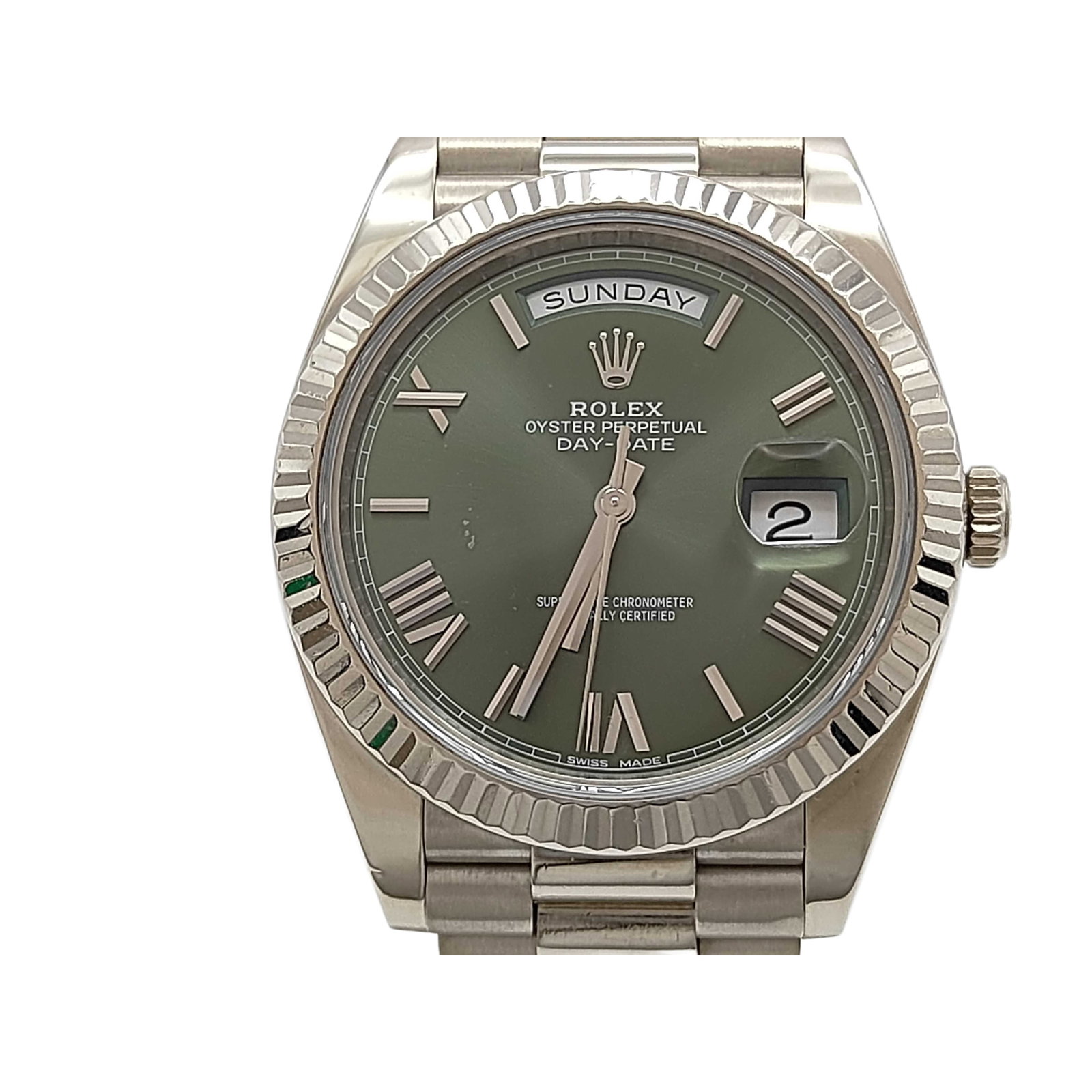 Rolex 228239 Olive Green Dial Men's Watch in 18K White Gold: Title/Medium: Rolex 228239 Olive Green Dial Men's Watch Origin/Year: Switzerland, Receipt dated June 2018 Dimensions: Case diameter and thickness not specified Condition: Minor scratches overall Gl