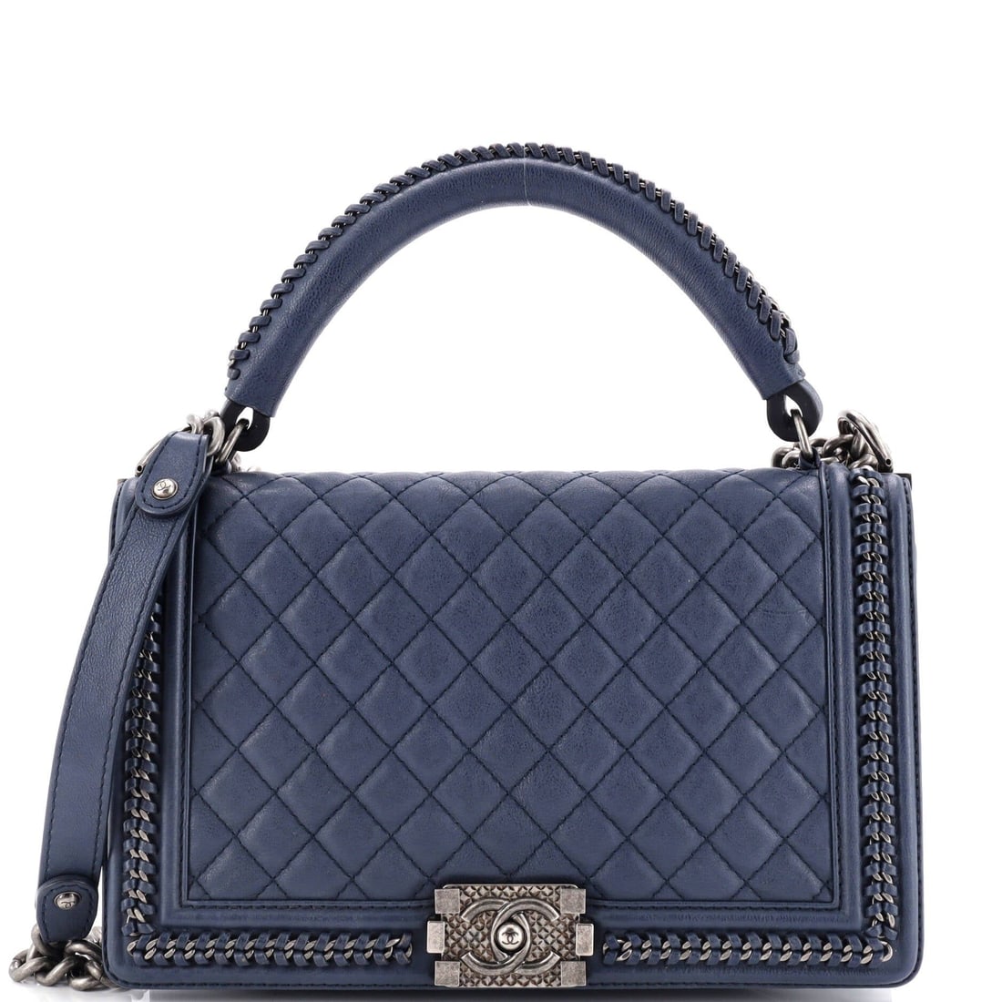 Chanel Boy Flap Bag Quilted Calfskin Blue: Title/Medium: Chanel Boy Flap Bag, Quilted Calfskin Blue Origin/Year: Chanel, Contemporary Dimensions: Handle Drop 4", Height 7", Width 11", Depth 3.5", Strap Drop 20" Condition: Great condition with 