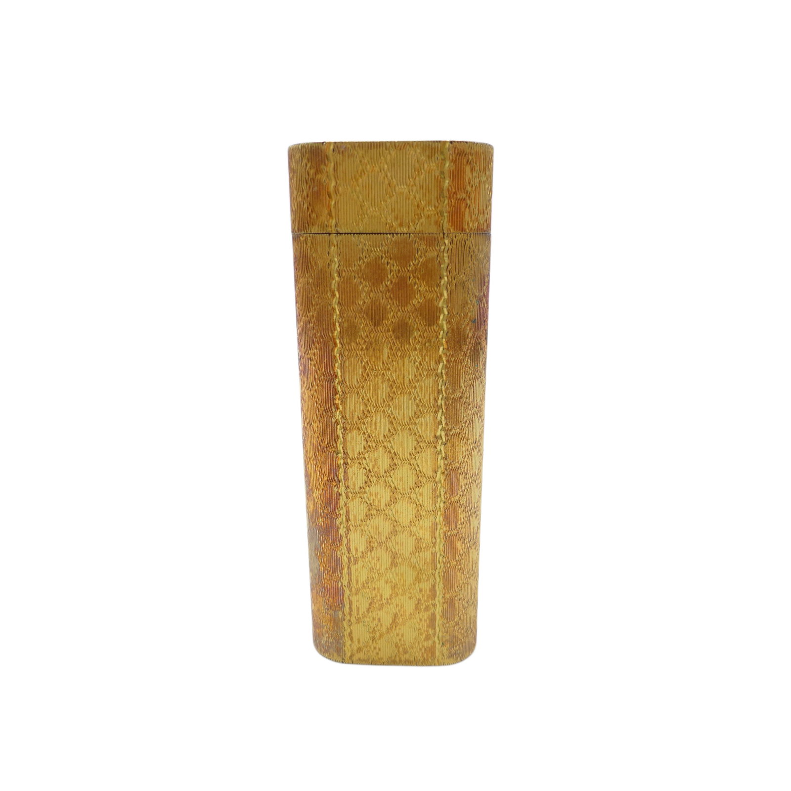Vintage Cartier Gold Tone Patterned Metal Rectangular Lighter: Title/Medium: Vintage Cartier gold tone patterned metal rectangular lighter. Origin/Year: Cartier; vintage period. Specific country of origin and date are not provided. Dimensions: Dimensions are not