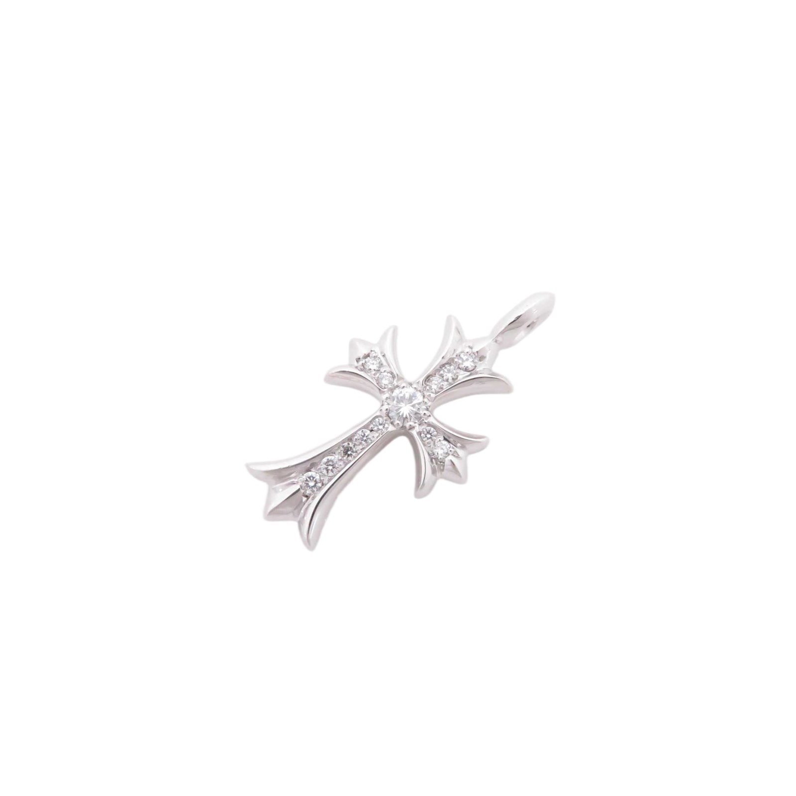 Chrome Hearts Tiny Cross Diamond White Gold Pendant: Description: Iconic Chrome Hearts Tiny Cross pendant top crafted in solid gold, featuring the brand’s signature gothic cross motif set with brilliant diamonds. The elegant proportions and refine