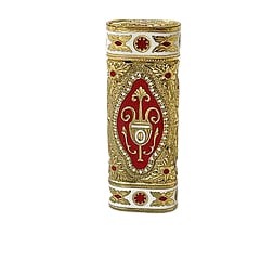 Vintage Cartier Gold Tone Heraldic Enamel Lighter with Red and White Accents: Title/Medium: Vintage Cartier gold tone metal lighter with engraved heraldic motif and colored enamel decoration. Origin/Year: Cartier; vintage period. Specific country of origin and year are not