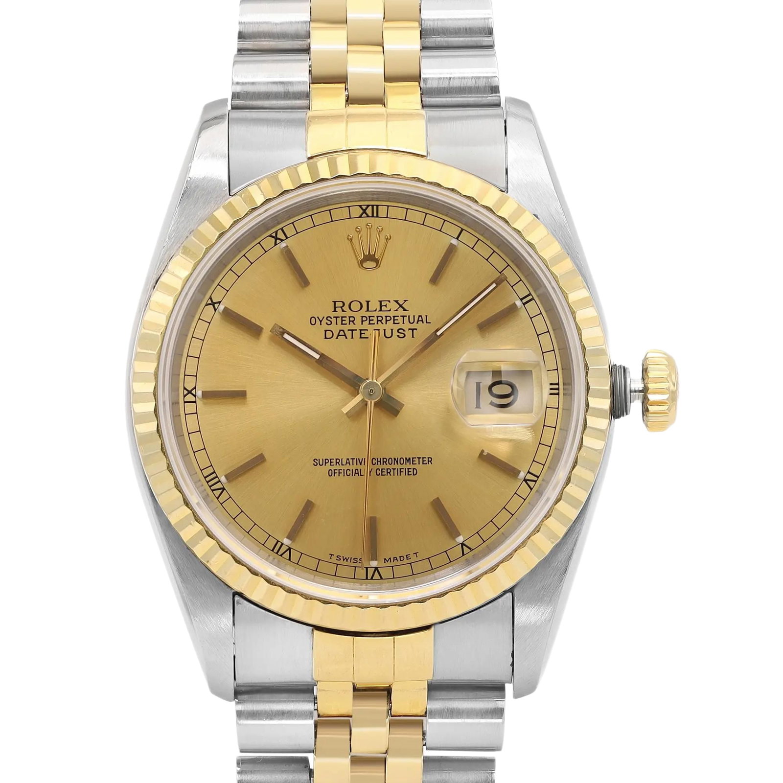 Rolex Datejust 36mm Gold Steel Men's Watch: Title/Medium: Rolex Datejust 36mm Men's Watch Origin/Year: Switzerland, 1989 Dimensions: Case Size: 36 mm, Band Width: 15.5 mm Condition: Moderate wear; custom dial and bezel Provenance: Original serv