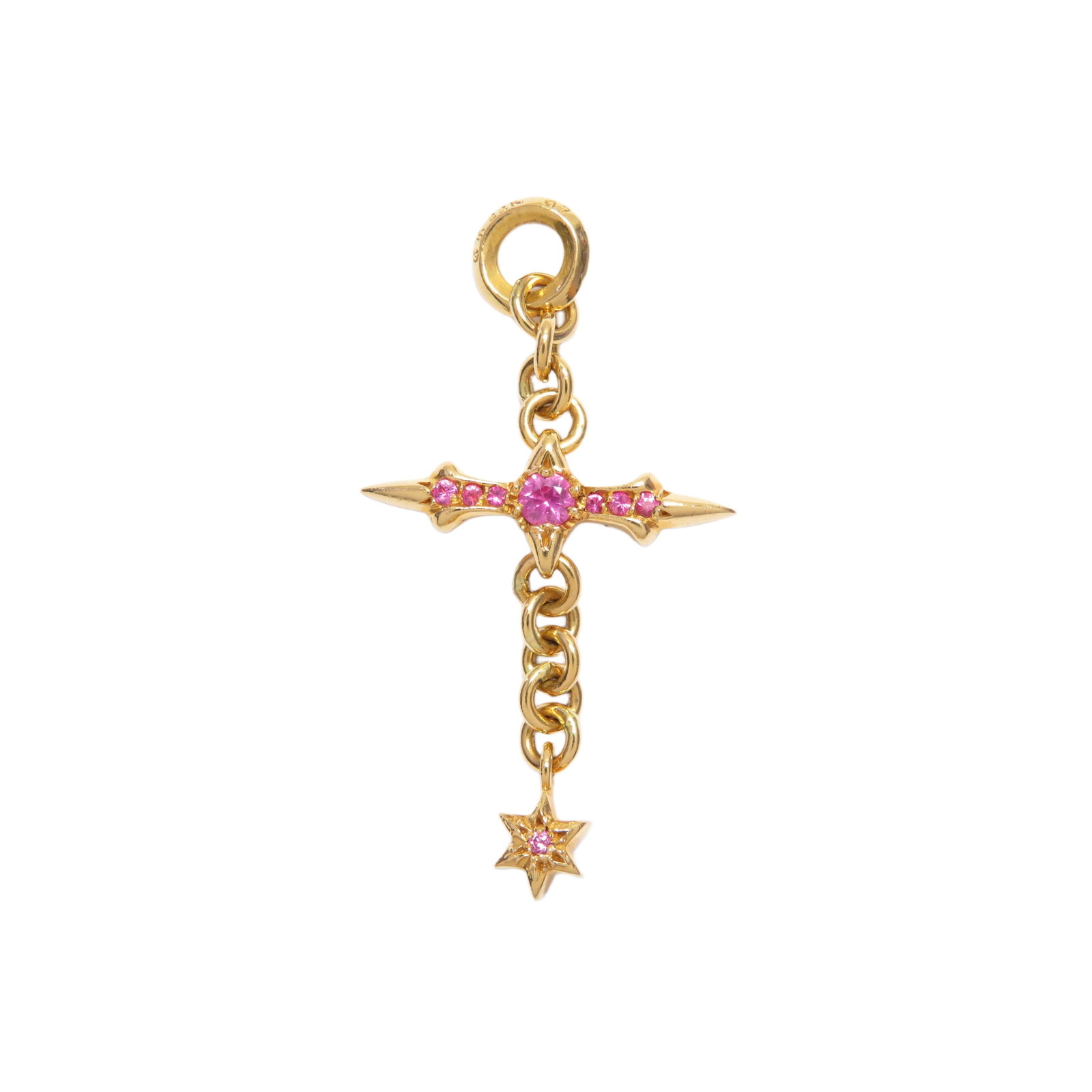 Chrome Hearts Raleigh Cross Pink Sapphire 22K Charm Pendant: Description: Striking Raleigh cross charm pendant crafted in solid gold, featuring Chrome Hearts’ signature elongated cross design accented with vivid pink sapphires throughout the center and ar