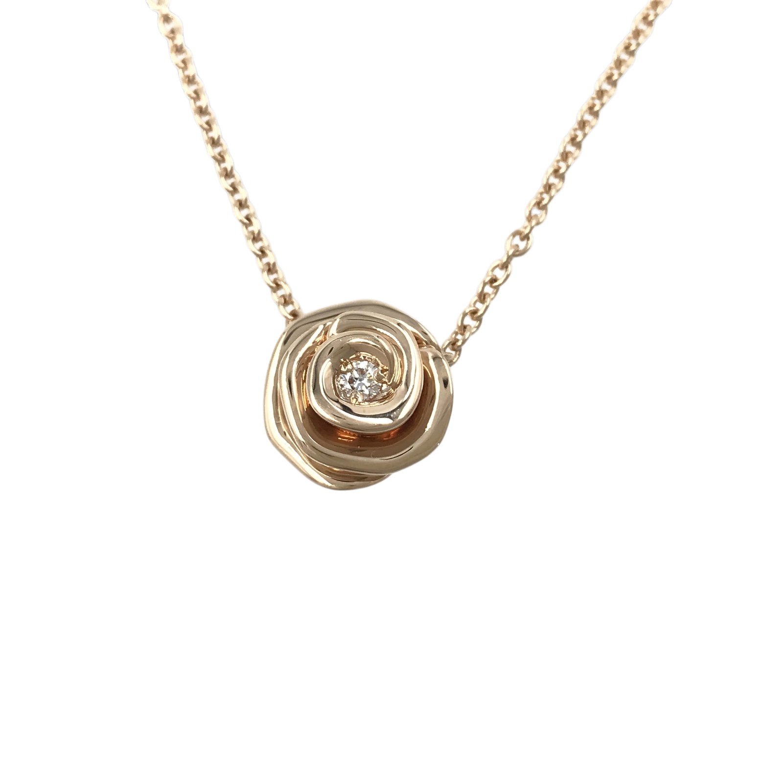 Dior Rose Flower Diamond 18K Rose Gold Large Pendant Necklace: Description: Elegant Dior rose flower pendant necklace crafted in 18K rose gold, featuring a sculptural blooming rose design with soft layered curves. At the center sits a brilliant cut diamond, addin