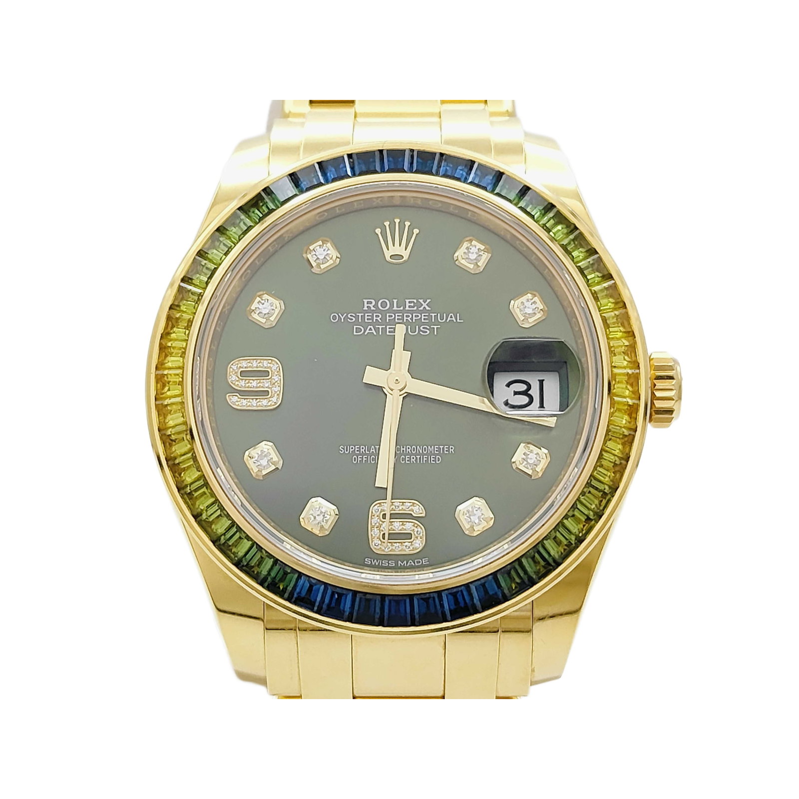Rolex Pearlmaster Olive Dial Men's Watch in 18K Gold with Gemstone Bezel: Title/Medium: Rolex Pearlmaster Olive Dial Men's Watch in 18K Gold Origin/Year: Made in 2015 Dimensions: Standard men's watch dimensions Condition: Minor overall scratches Glass in good condition