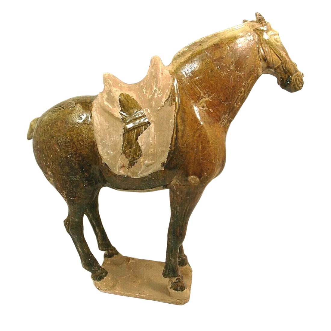 Antique Chinese T'ang Dynasty Glazed Horse: Title/Medium: Antique Chinese Glazed Horse Origin/Year: Tang Dynasty, 618-907 AD Dimensions: 14 inches high Condition: Excellent, with a shiny glaze finish Provenance: Private collection Addit