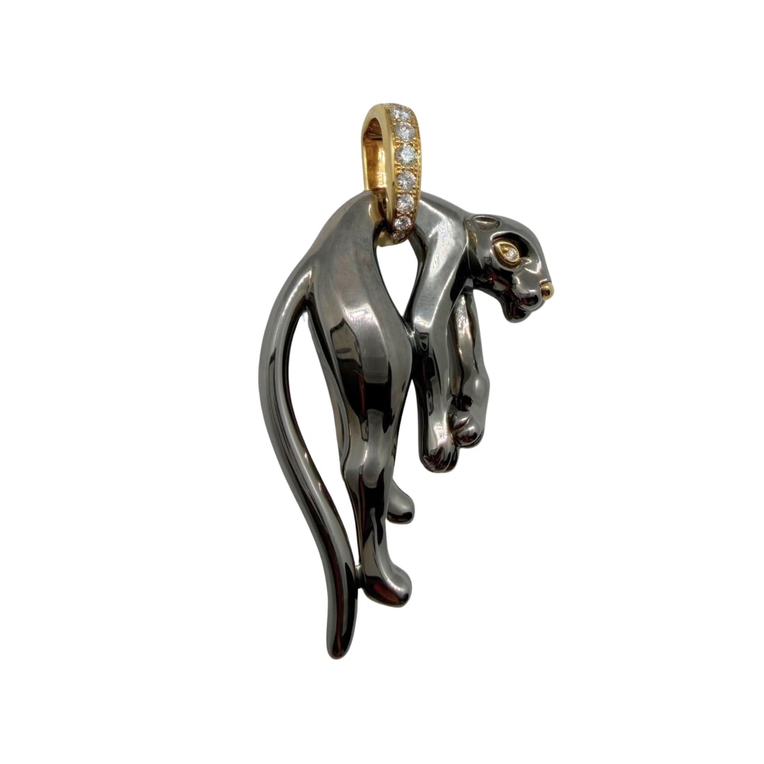 Vintage Cartier Panthere Diamond Black Silverium, Silver & 18K Gold Pendant: Title/Medium: Vintage Cartier Panthere sculptural panther pendant in black Silverium, silver, 18K yellow gold, and diamonds. Origin/Year: Cartier, vintage period. Specific year and country of manufact