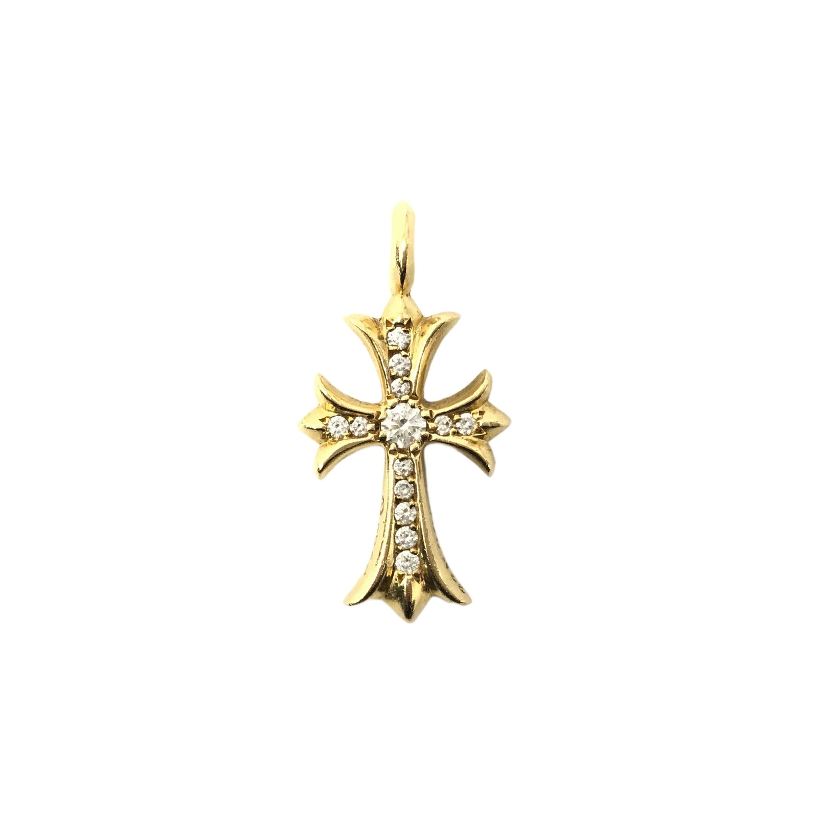 Chrome Hearts Fat Cross Pave Diamond 22K Gold Charm Pendant: Description: Distinctive Tiny Fat cross charm pendant crafted in solid gold, showcasing Chrome Hearts’ iconic cross motif enhanced with brilliant pave-set diamonds across the center and arms. Th