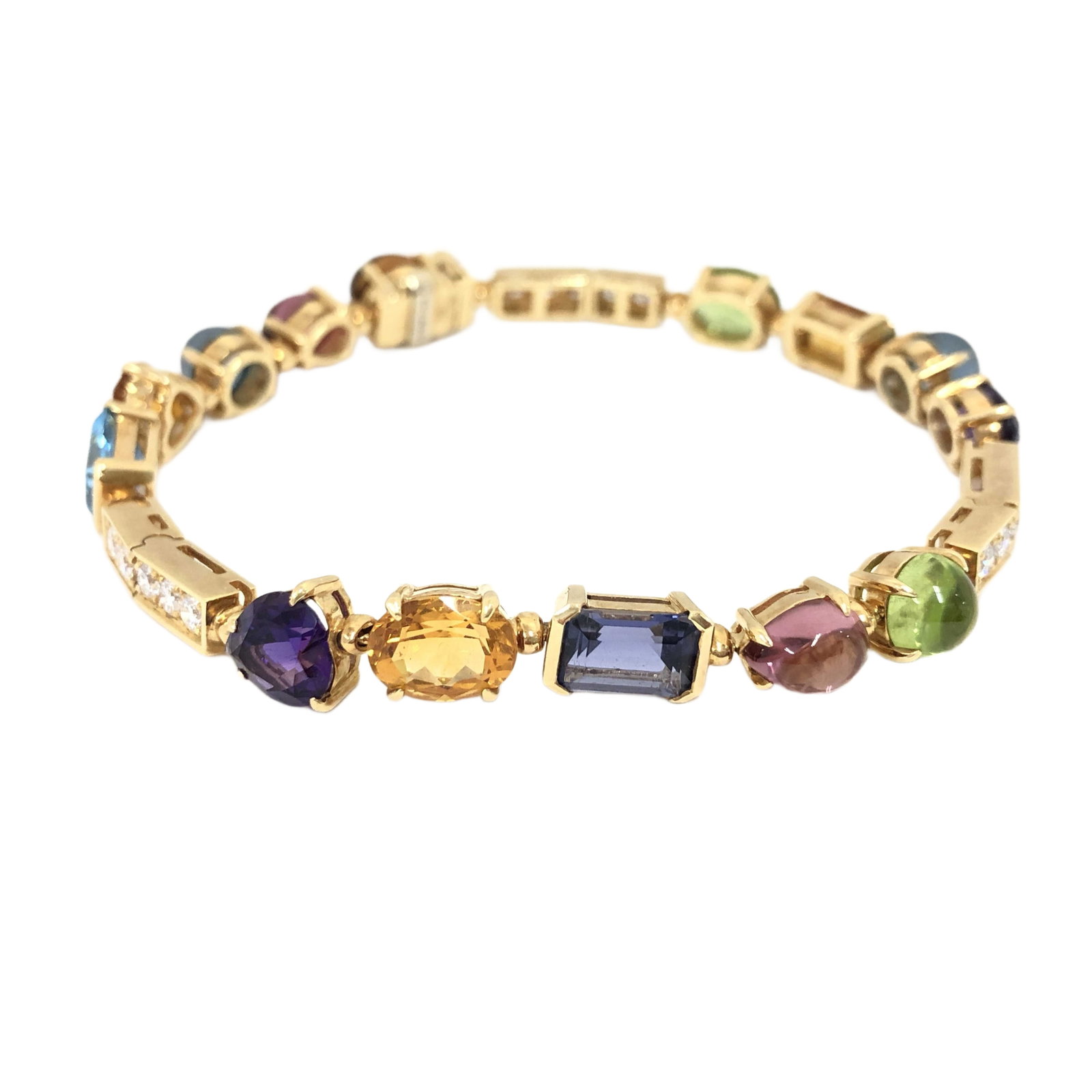 Bvlgari Allegra Multi Gemstone Diamond 18K Yellow Gold Bracelet: Description: Bvlgari Allegra bracelet crafted in 18K yellow gold and accented with natural diamonds and a vibrant assortment of colored gemstones. Featuring heart, oval, emerald cut, cabochon, and fac