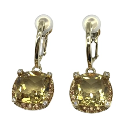 Mauboussin 18K Yellow Gold Diamond and Cushion-Cut Yellow Gemstone Drop Earrings: Title/Medium: Mauboussin diamond and yellow gemstone articulated drop earrings in 18K yellow gold. Origin/Year: Signed Mauboussin; year not stated. Dimensions: Measurements not provided. Total weight: