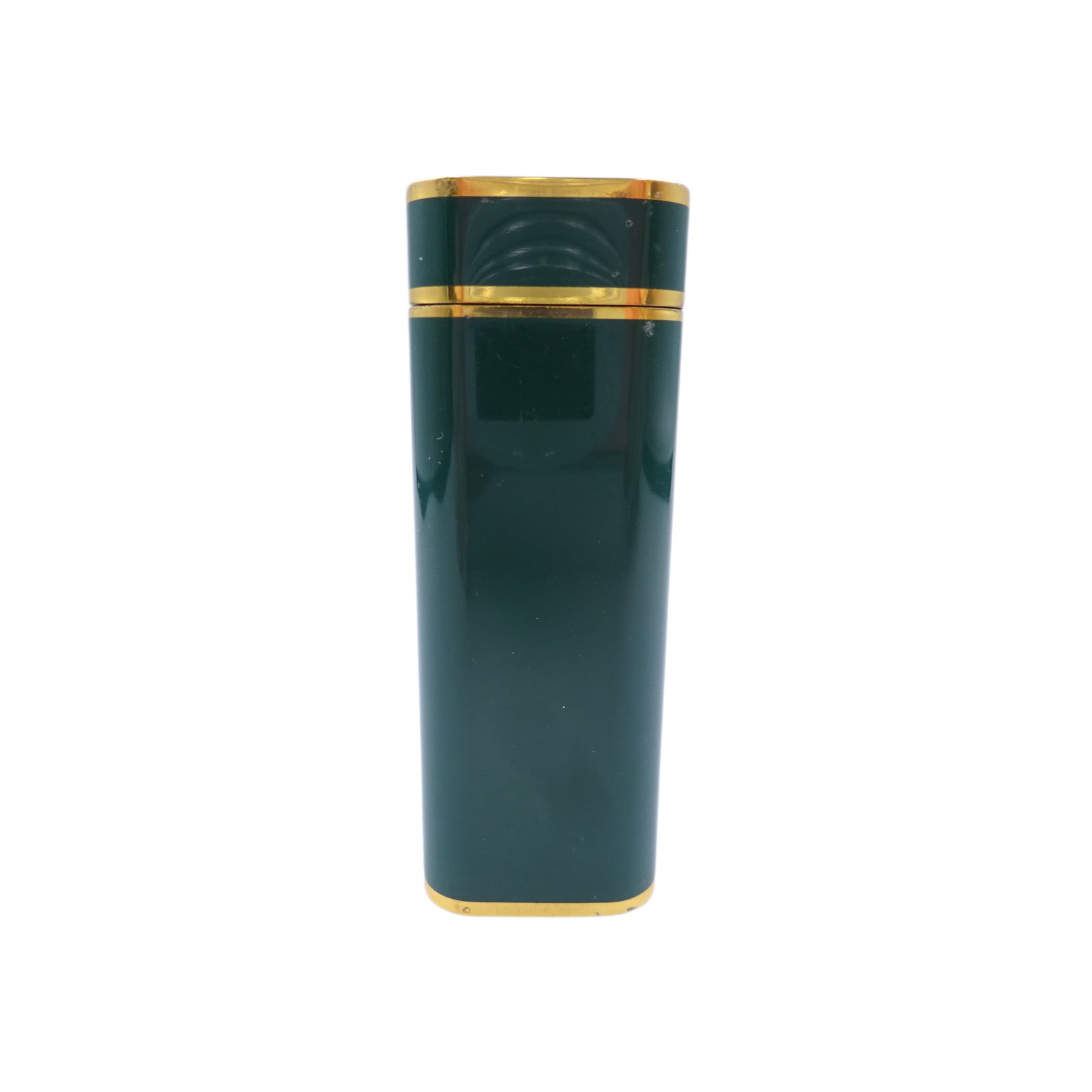 Vintage Cartier Dark Green and Gold Tone Rectangular Lighter: Title/Medium: Vintage Cartier dark green and gold tone rectangular lighter, metal with glossy colored finish and polished trim. Origin/Year: Cartier Paris; vintage period. Dimensions: Slim rectangular